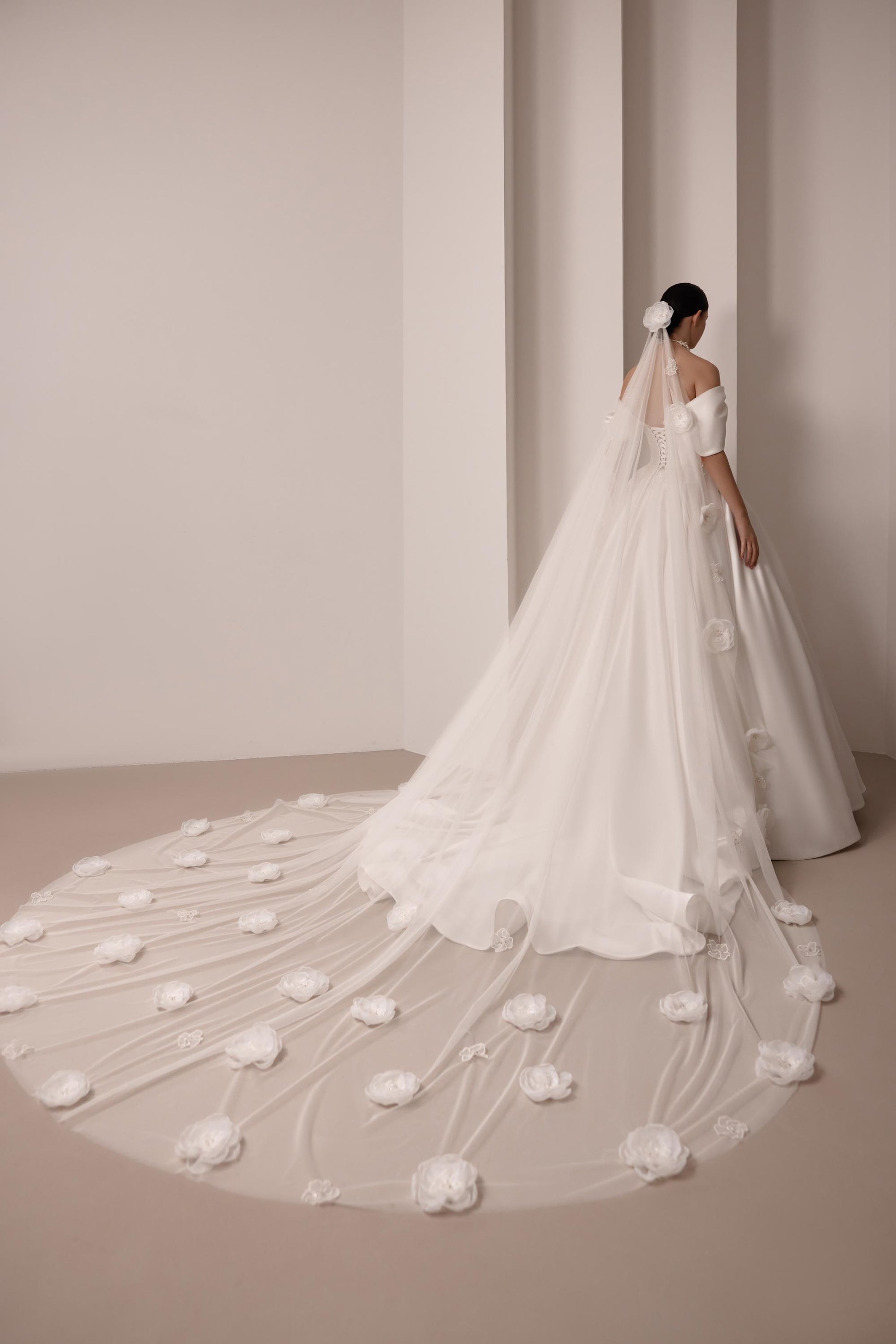 Luxurious Satin Off-Shoulder Wedding Gown with Corset Top, Pearls Detailing, and Elegant Train | Princess & Fairy Style Bridal Dress