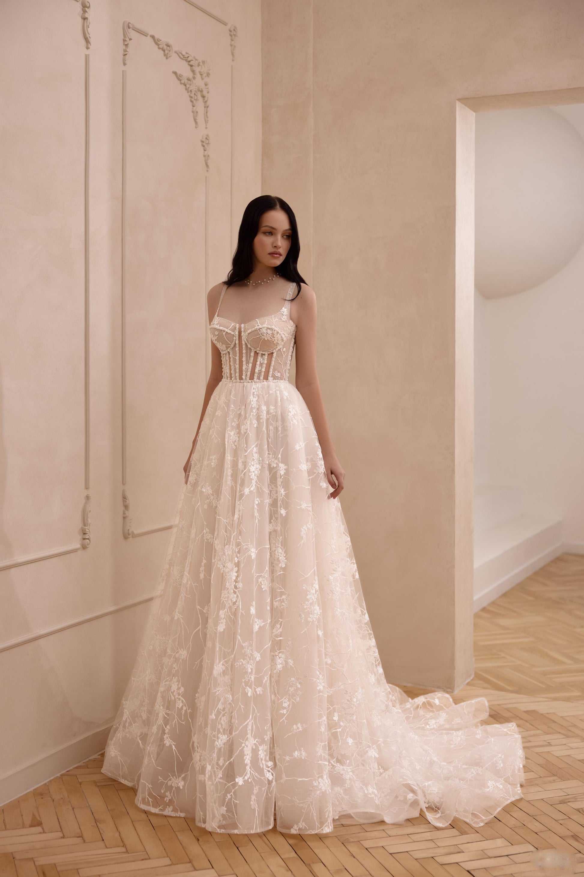 Luxurious A-Line Corset Wedding Gown with Sleeveless Romantic Fairycore Design, Ideal for Beach and Elopement Weddings with train