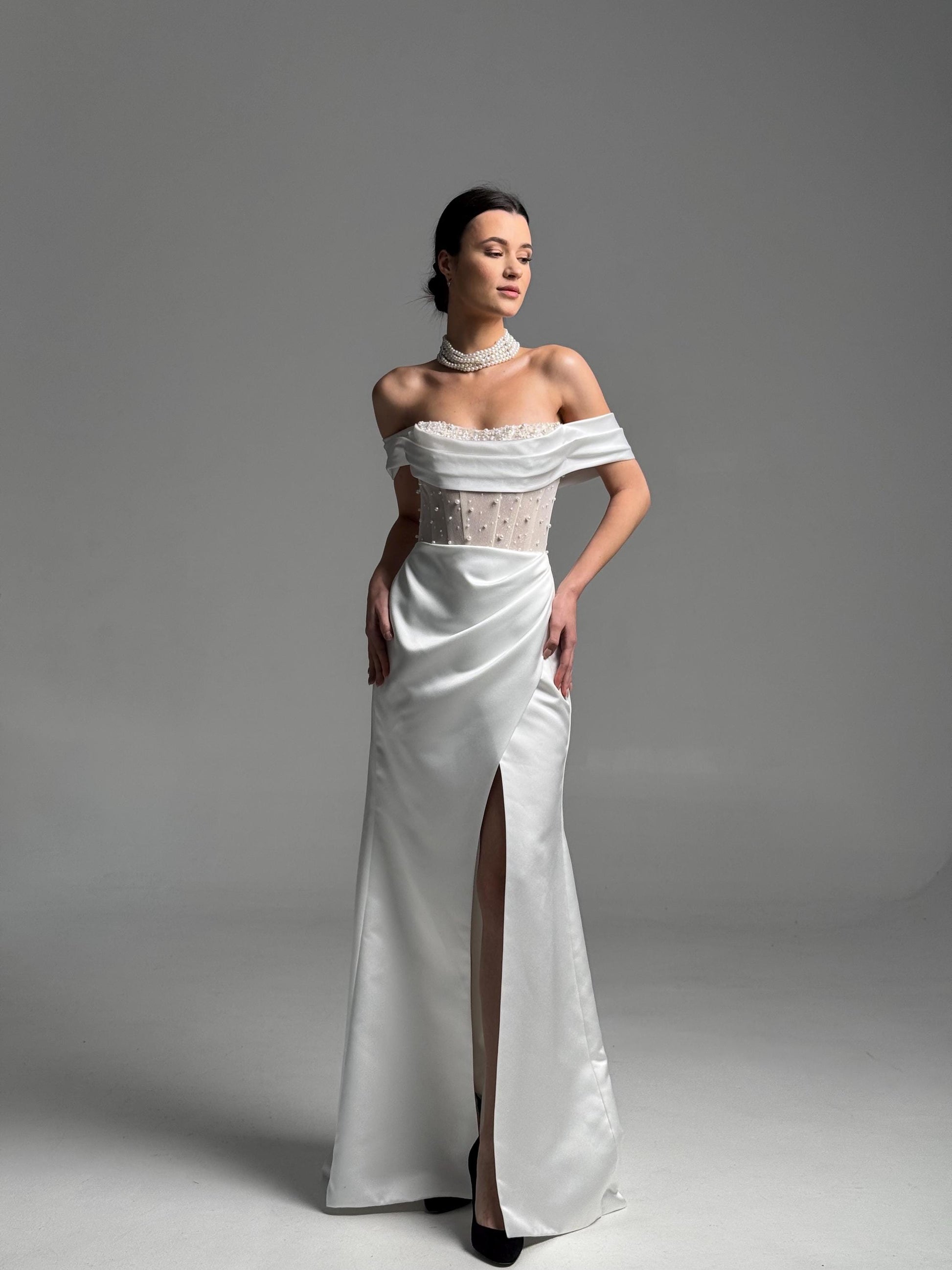Elegant Satin Wedding Dress – Off-Shoulder Corset with Pearl Embroidery – High-Slit Wrap Skirt – Modern Bridal Gown – Custom Wedding Dress