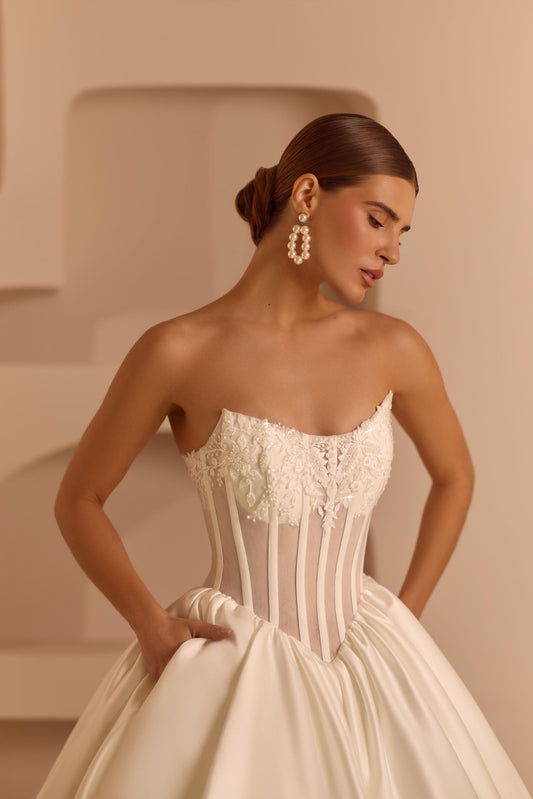 Luxury Princess Wedding Dress - Sheer Corset with Floral Lace Appliqués - Mikado Ball Gown - Elegant Bridal Couture - Custom Wedding Gown