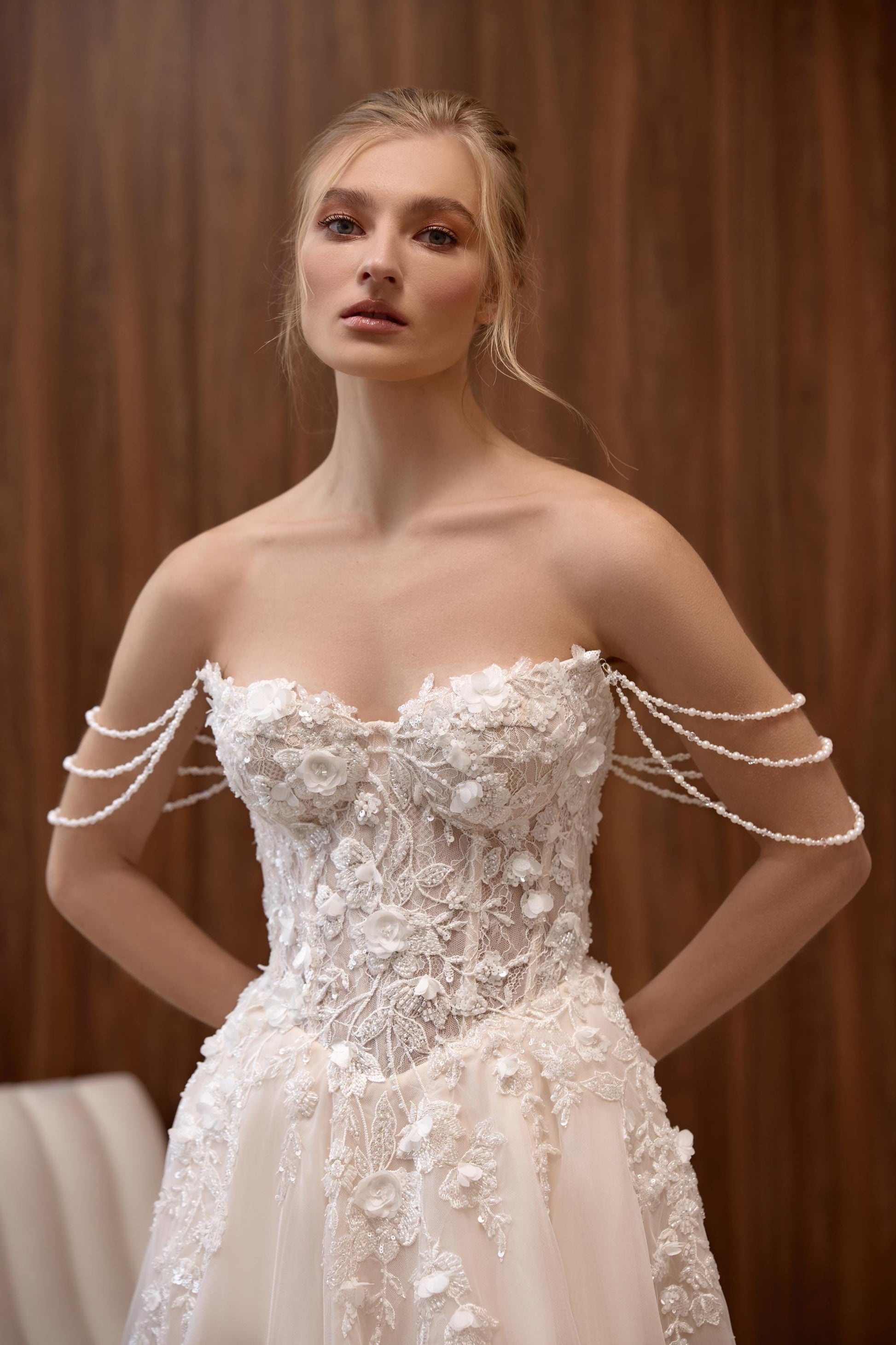 Exquisite A-line Silhouette dress, Long Tulle Train, Heart Neckline, Floral Embroidered Gown with Sheer Long Train Off-Shoulder Tulle Cape