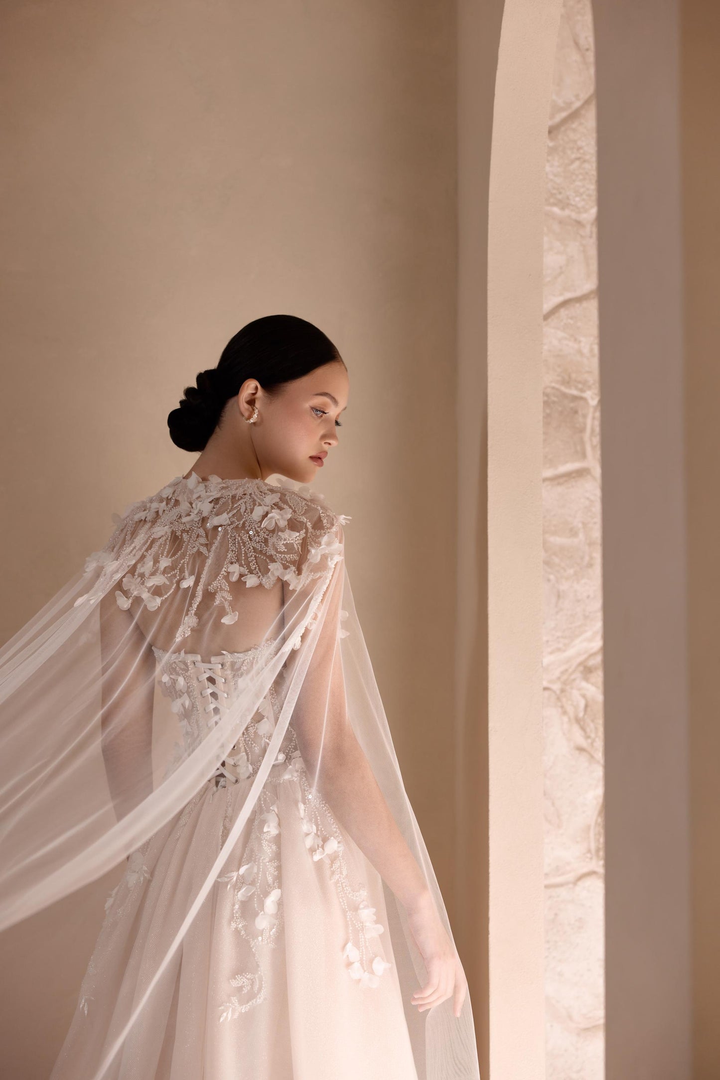 Stunning A-Line Bridal Gown with Slit, Floral Lace & Shimmering Tulle Train, Bohemian Fairy Wedding Dress with Corset and Cape