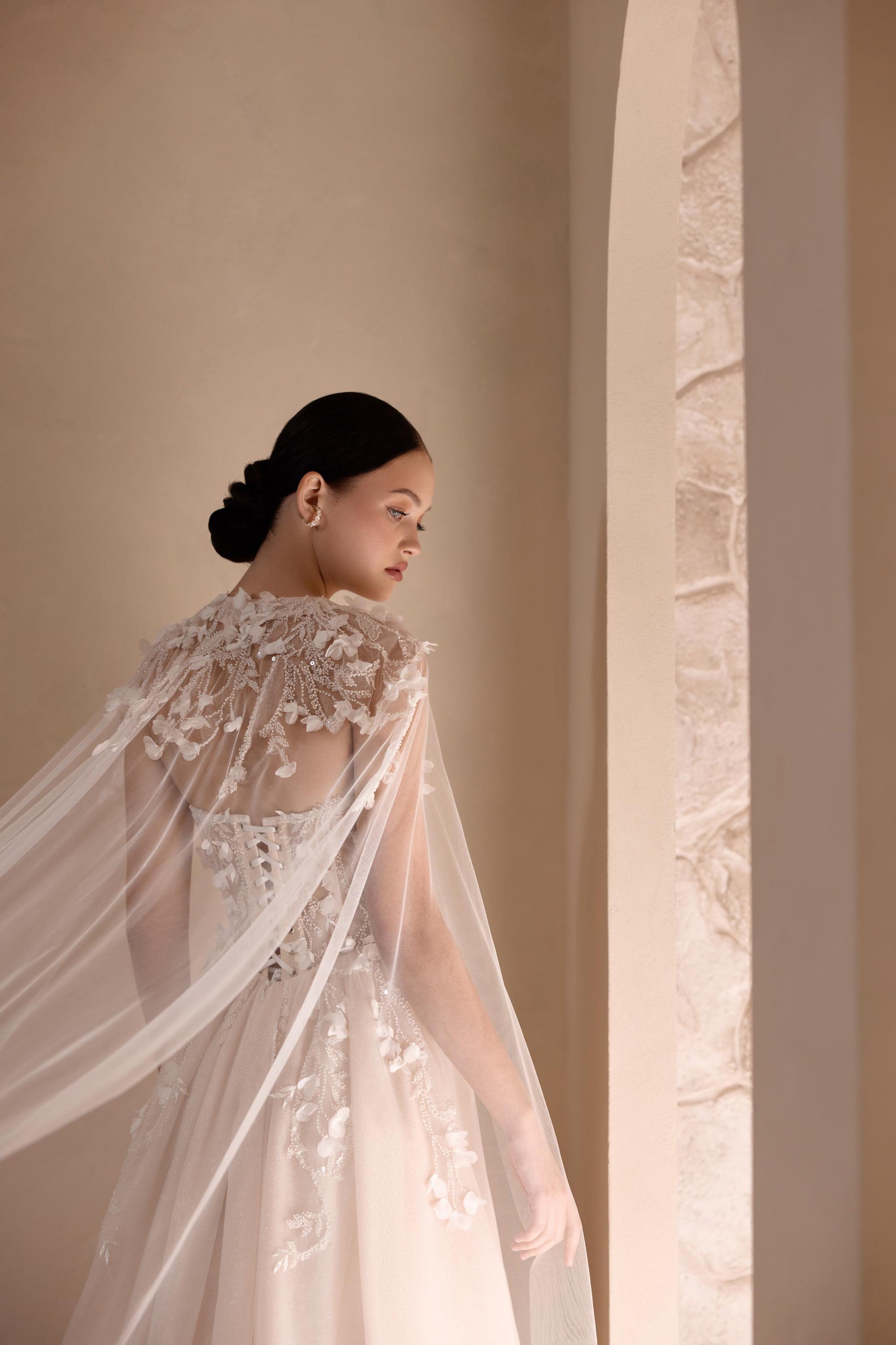 Stunning A-Line Bridal Gown with Slit, Floral Lace & Shimmering Tulle Train, Bohemian Fairy Wedding Dress with Corset and Cape