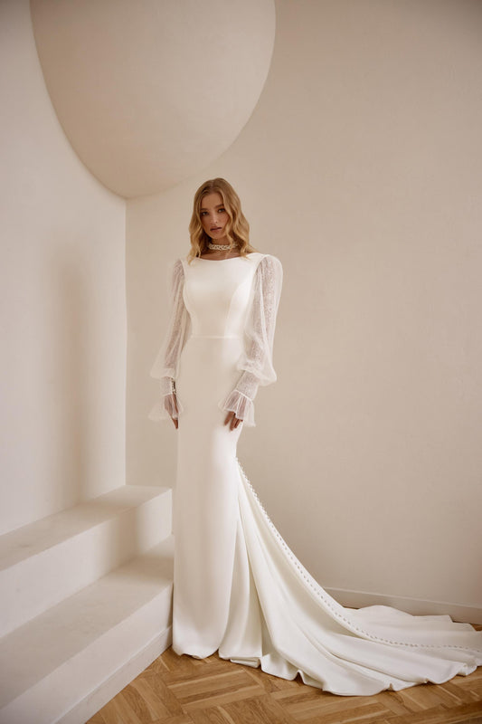 Elegant Long Sleeve Crepe Wedding Gown with High Neckline, Mermaid Silhouette and Extended Train - Classic and Modern Bridal Dress