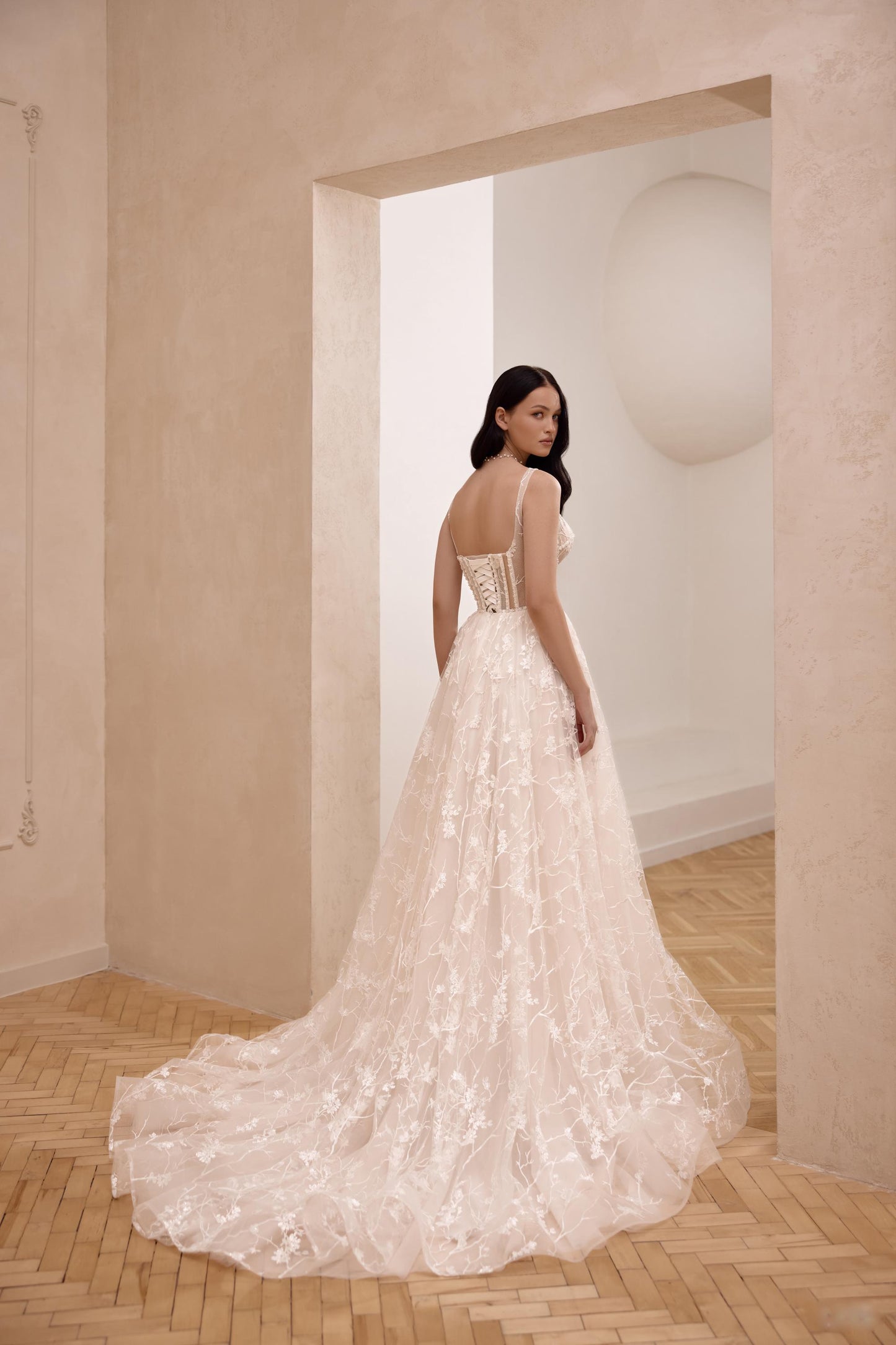 Luxurious A-Line Corset Wedding Gown with Sleeveless Romantic Fairycore Design, Ideal for Beach and Elopement Weddings with train