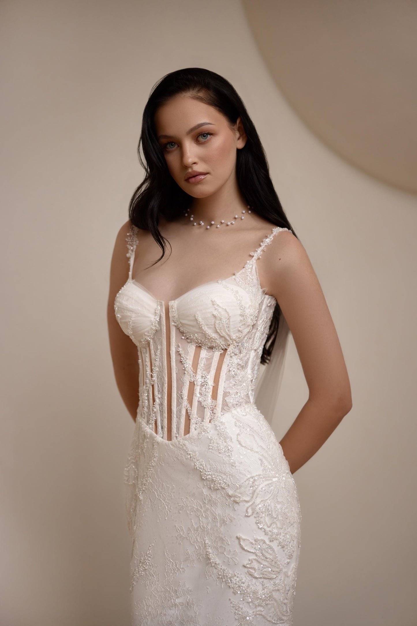 Minimalist Bridal Gown with Glitter Lace, Mermaid Silhouette and Long Train - Romantic Wedding Dress with Straps, Corset Back, Slinky Fit