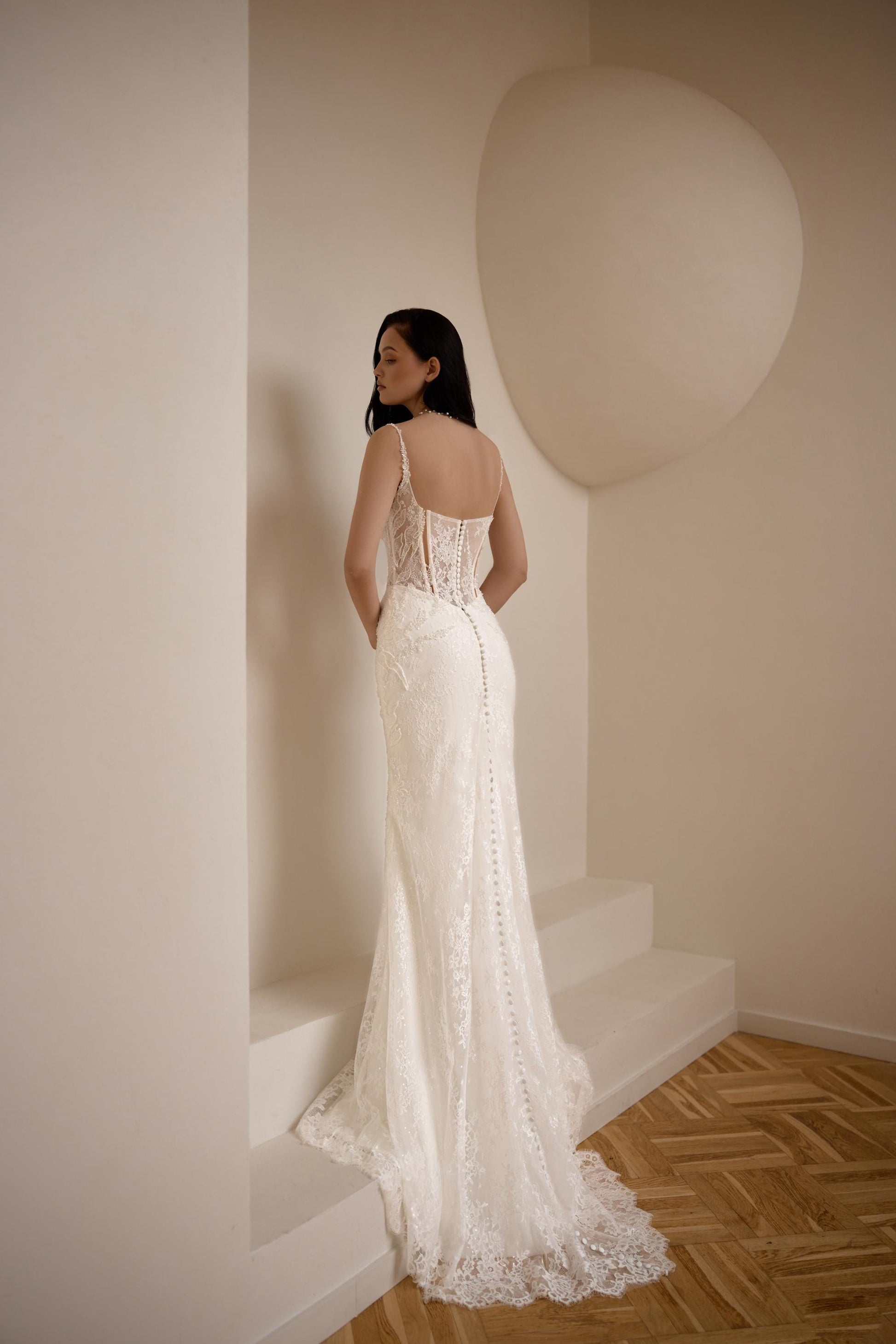 Minimalist Bridal Gown with Glitter Lace, Mermaid Silhouette and Long Train - Romantic Wedding Dress with Straps, Corset Back, Slinky Fit