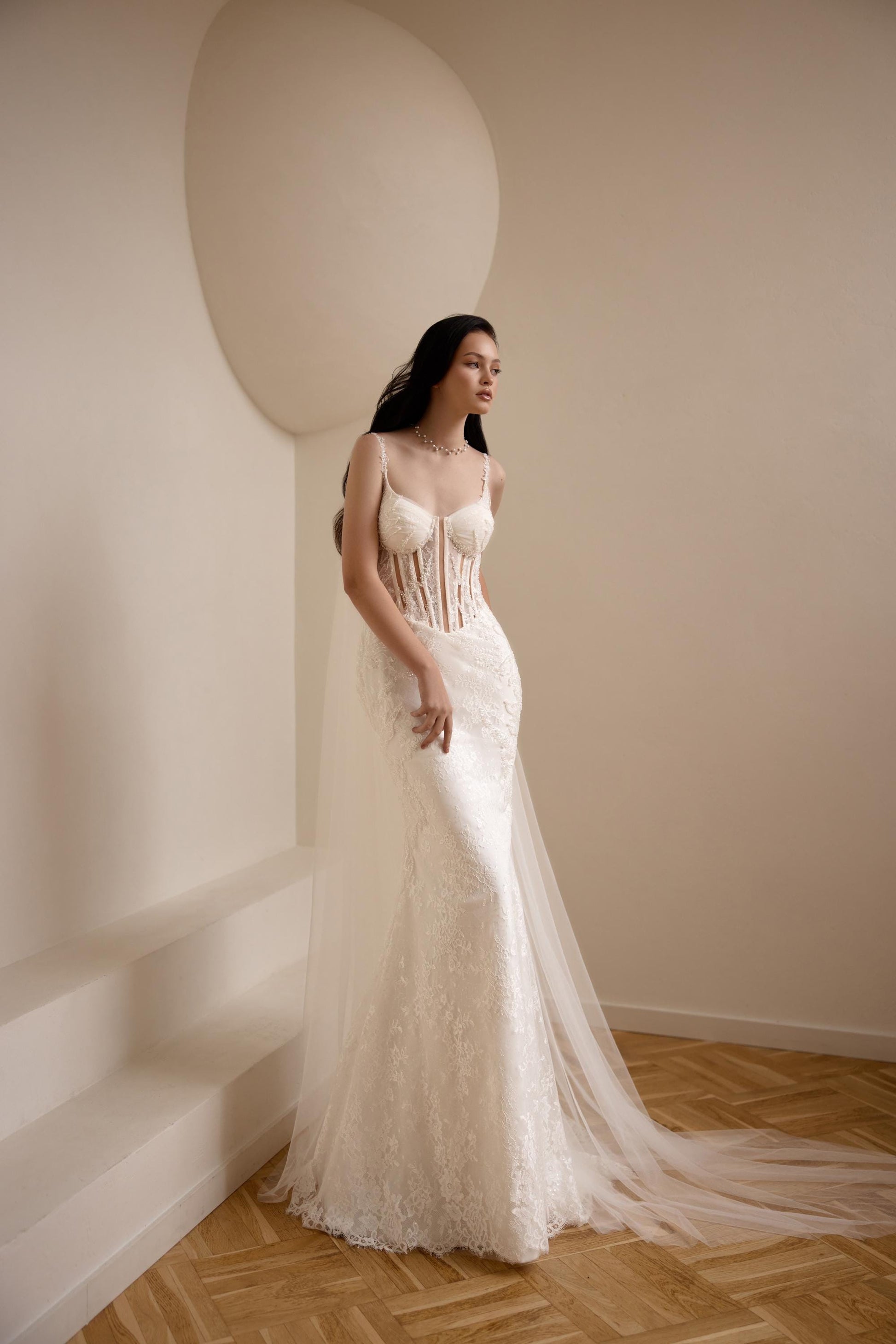 Minimalist Bridal Gown with Glitter Lace, Mermaid Silhouette and Long Train - Romantic Wedding Dress with Straps, Corset Back, Slinky Fit