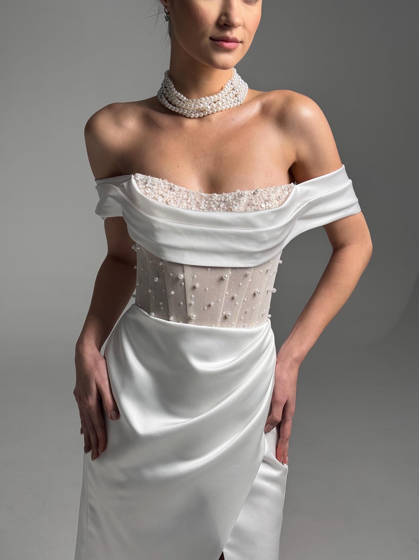 Elegant Satin Wedding Dress – Off-Shoulder Corset with Pearl Embroidery – High-Slit Wrap Skirt – Modern Bridal Gown – Custom Wedding Dress