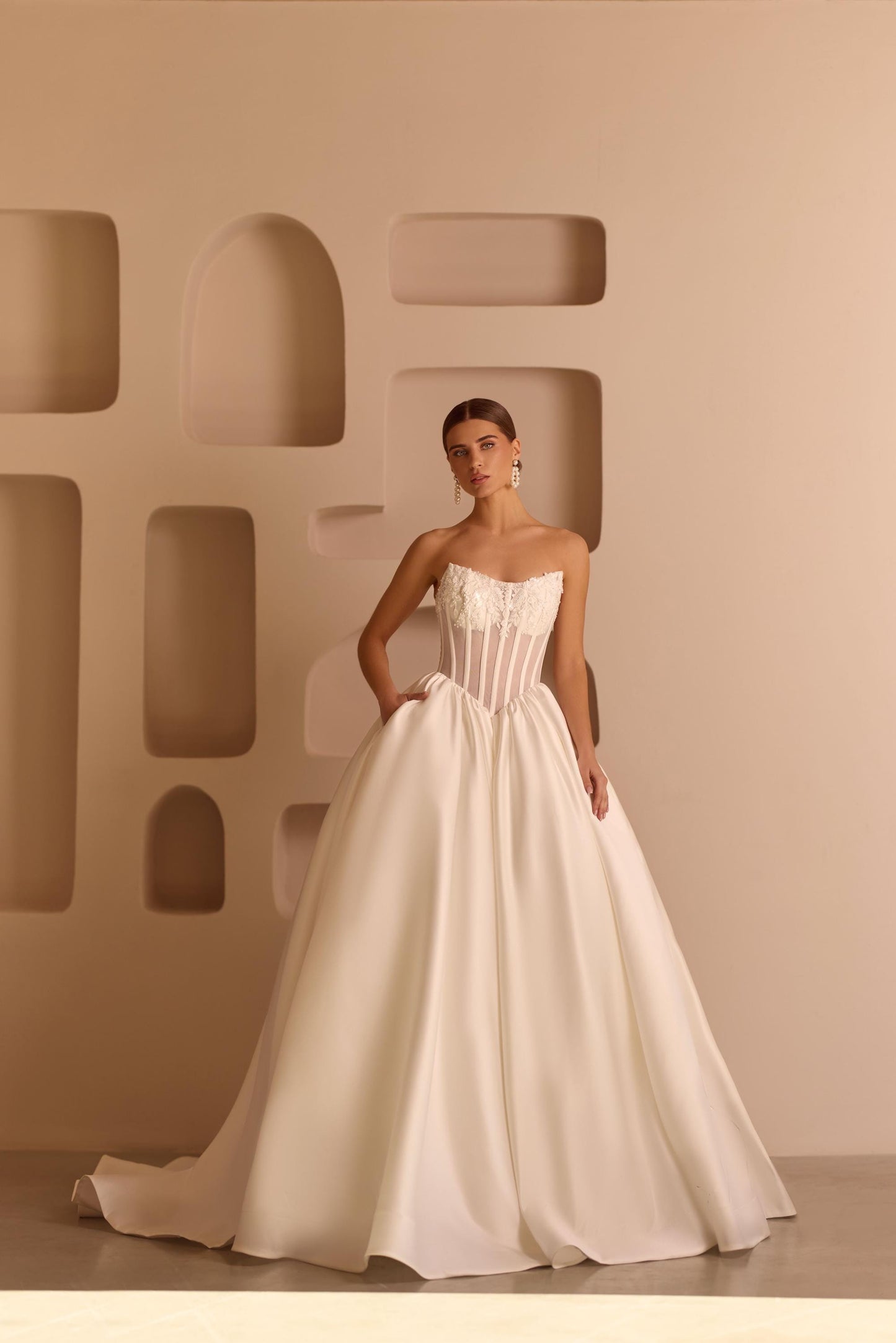 Luxury Princess Wedding Dress - Sheer Corset with Floral Lace Appliqués - Mikado Ball Gown - Elegant Bridal Couture - Custom Wedding Gown