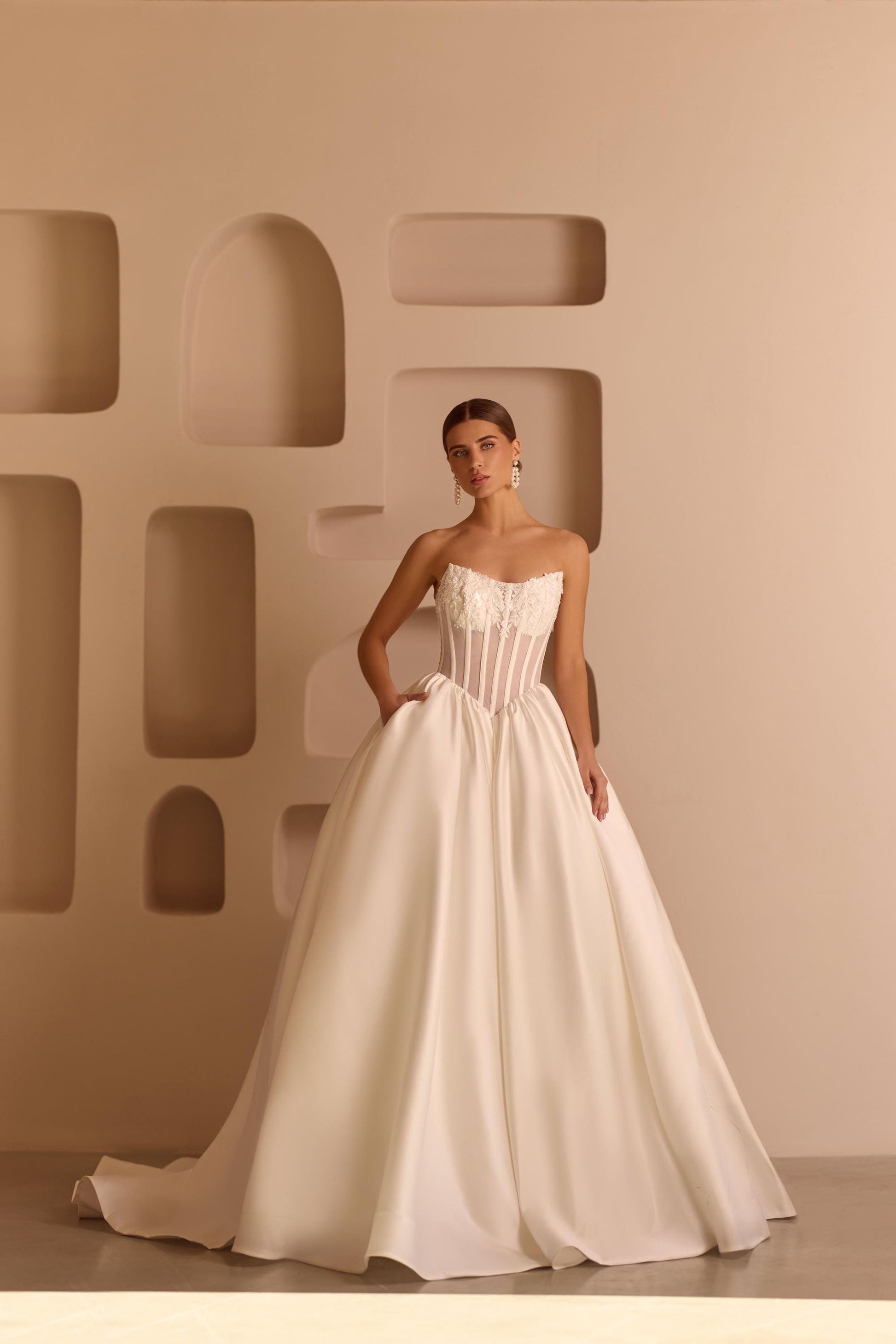 Luxury Princess Wedding Dress - Sheer Corset with Floral Lace Appliqués - Mikado Ball Gown - Elegant Bridal Couture - Custom Wedding Gown