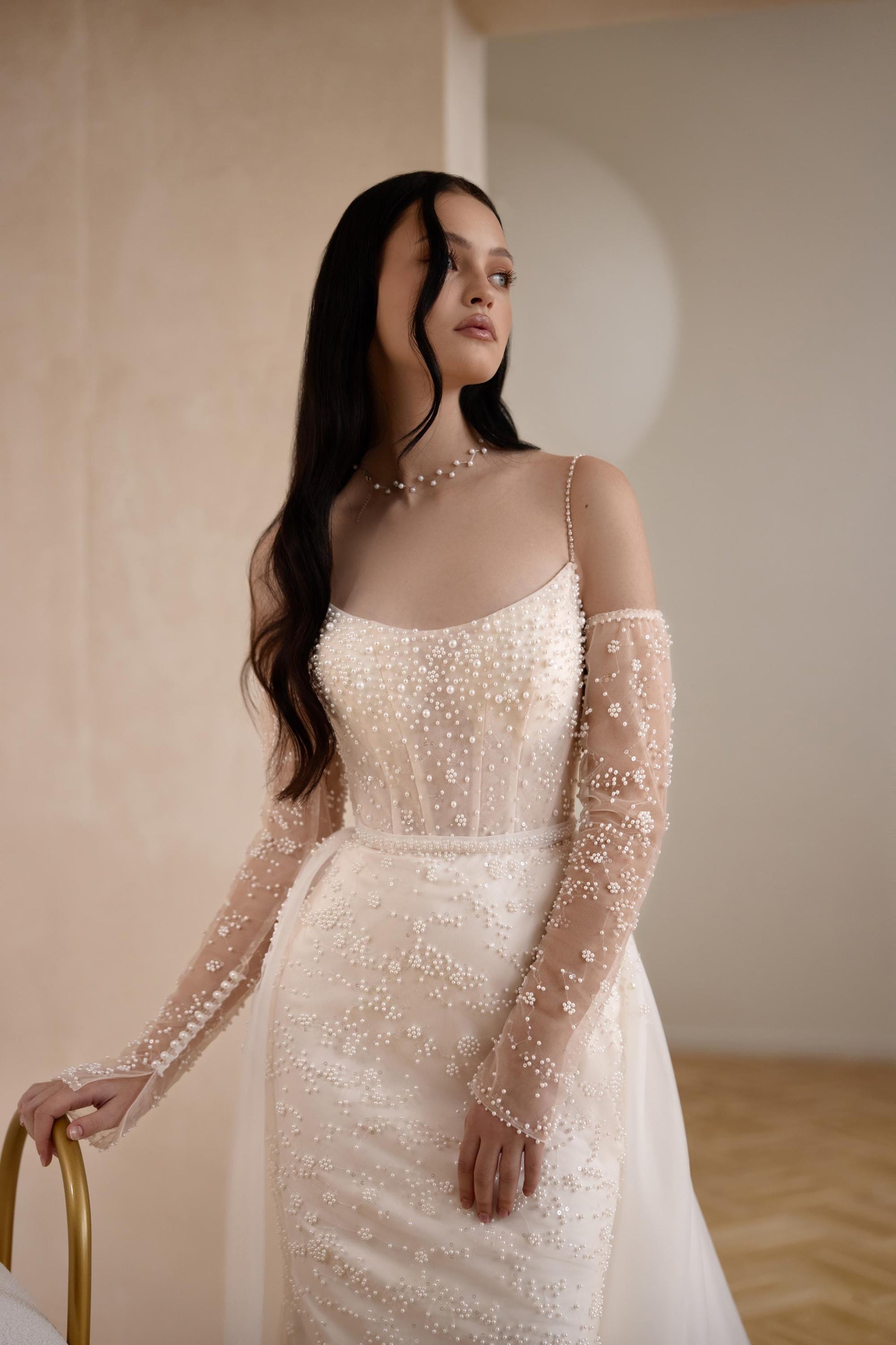 Elegant Wedding Gown Bridal Dress, Pearls Mermaid Gown, Tulle Train Wedding Dress, Modest Romantic Corset Bridal Dress