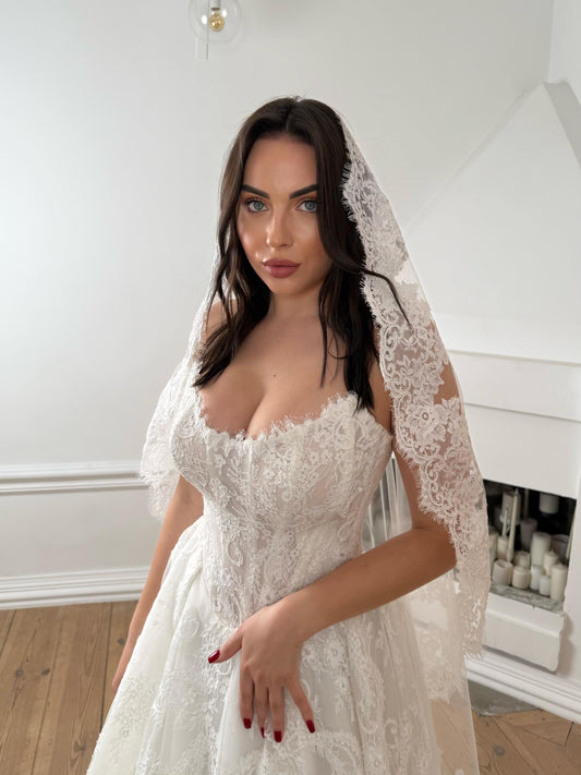 Lace Wedding Veil with Floral Corded Edge | Cathedral Length Bridal Veil | Long Ivory Lace Veil | Wide Tulle Veil with Comb | Custom Veil