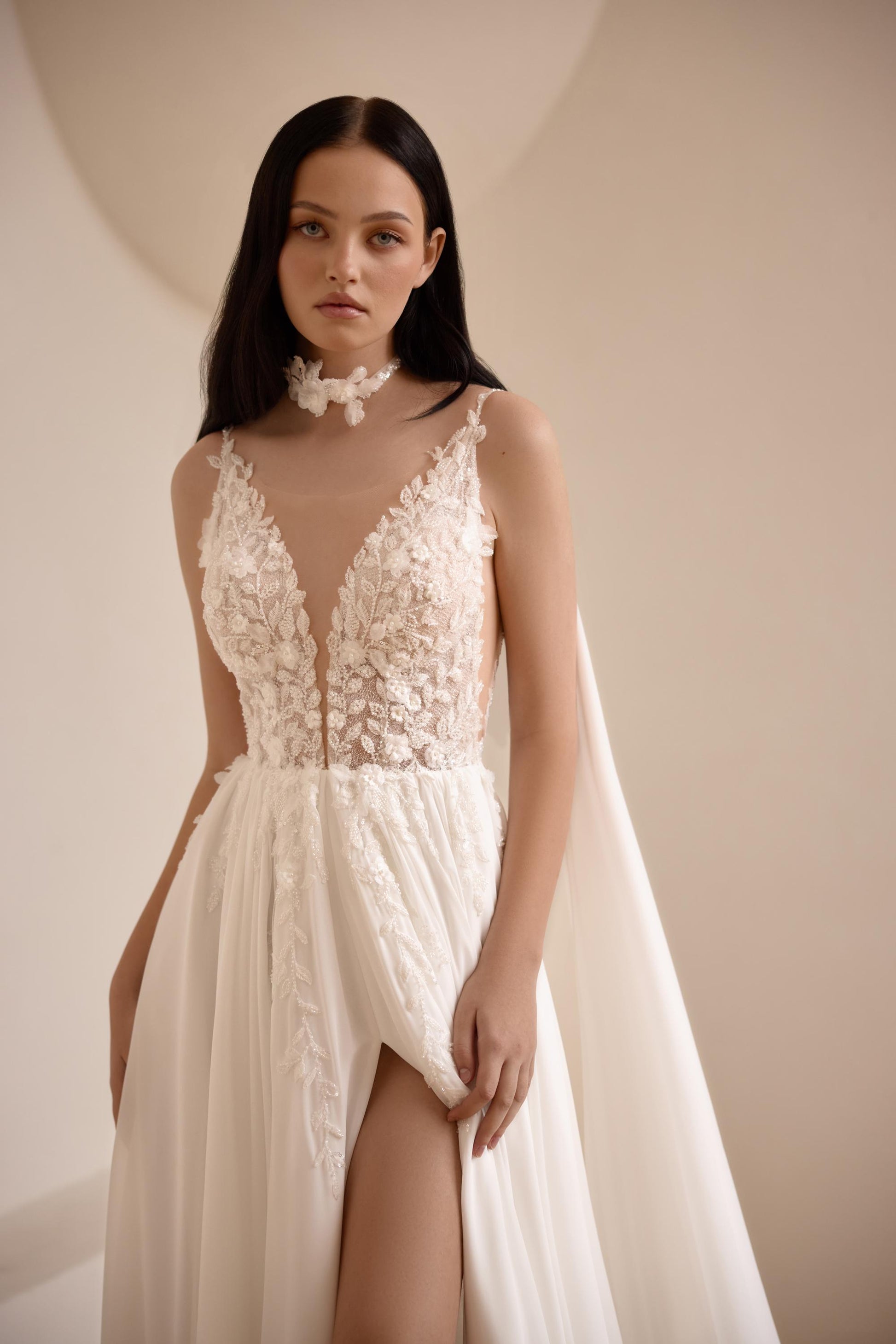 V-neck Wedding Gown, Modern Lace Bridal Elegance, Chiffon Skirt Bridal Dress, A-line Backless Elopement Gown, Civil Classic Wedding Dress