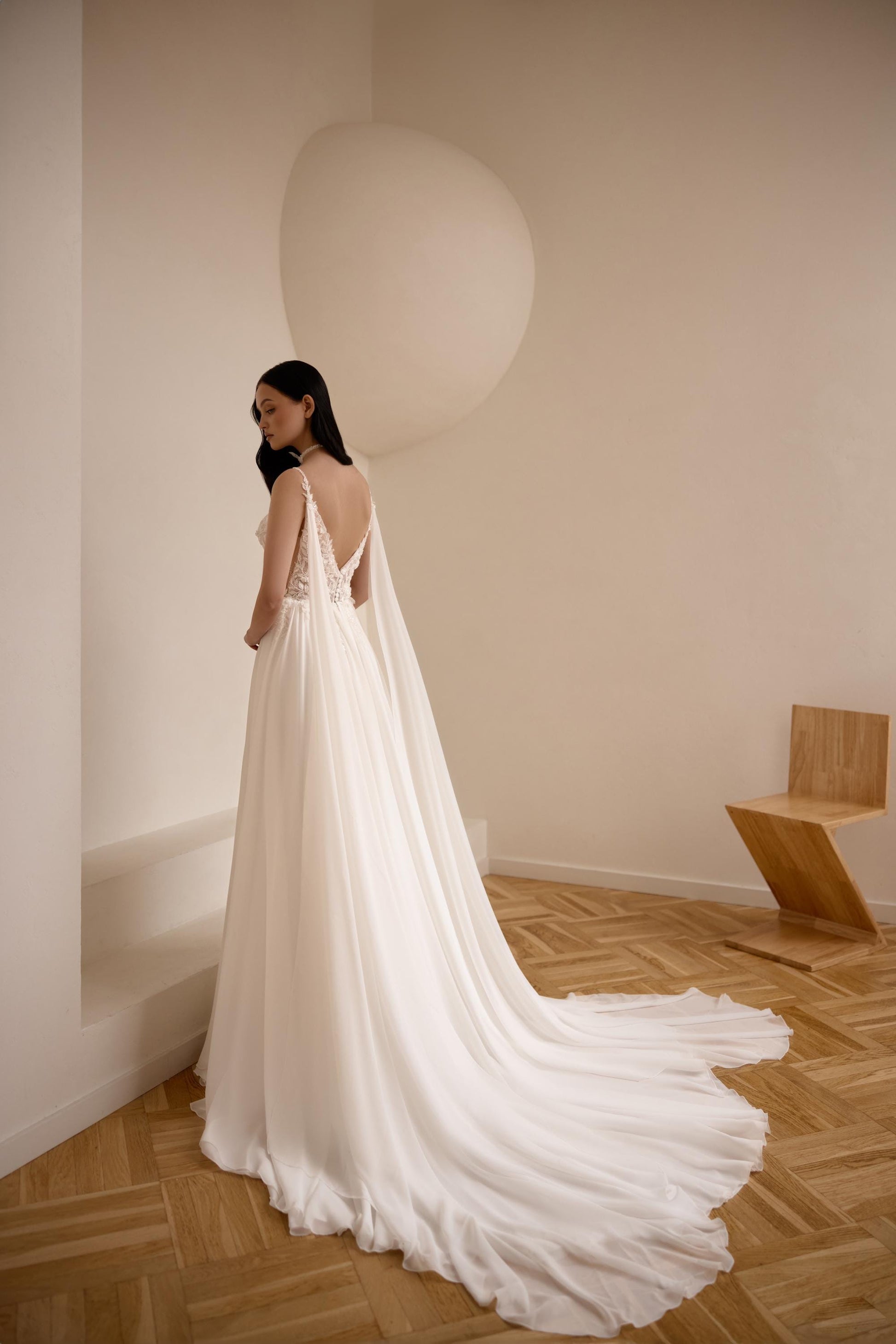 V-neck Wedding Gown, Modern Lace Bridal Elegance, Chiffon Skirt Bridal Dress, A-line Backless Elopement Gown, Civil Classic Wedding Dress