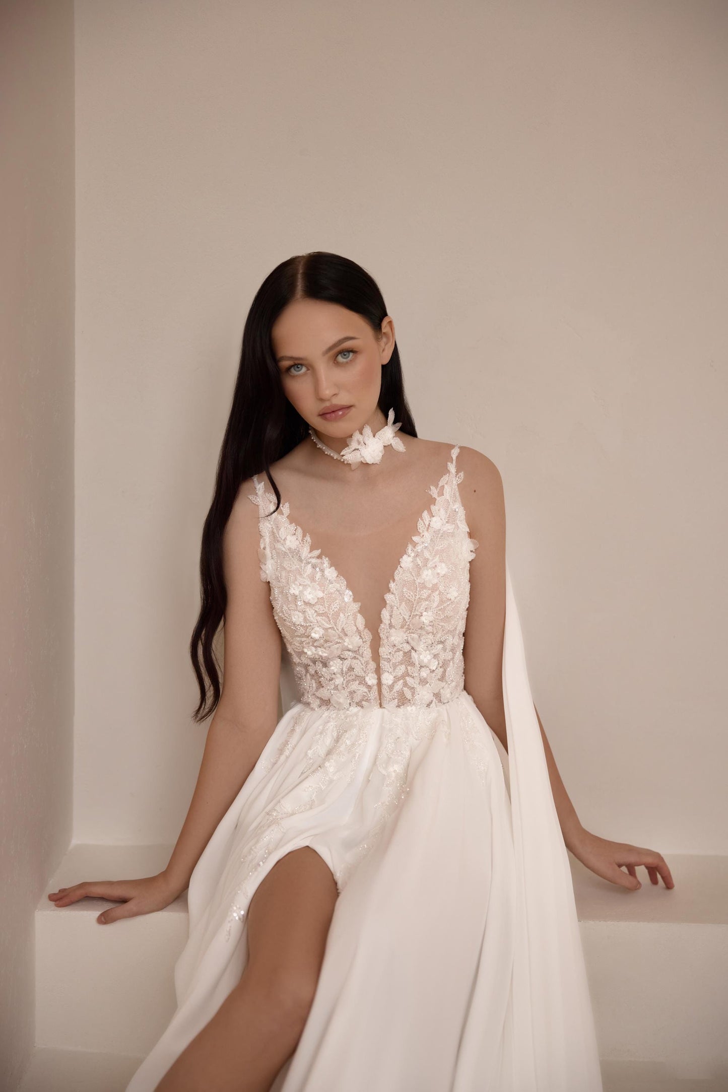 V-neck Wedding Gown, Modern Lace Bridal Elegance, Chiffon Skirt Bridal Dress, A-line Backless Elopement Gown, Civil Classic Wedding Dress