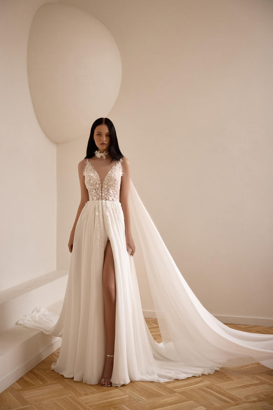 V-neck Wedding Gown, Modern Lace Bridal Elegance, Chiffon Skirt Bridal Dress, A-line Backless Elopement Gown, Civil Classic Wedding Dress