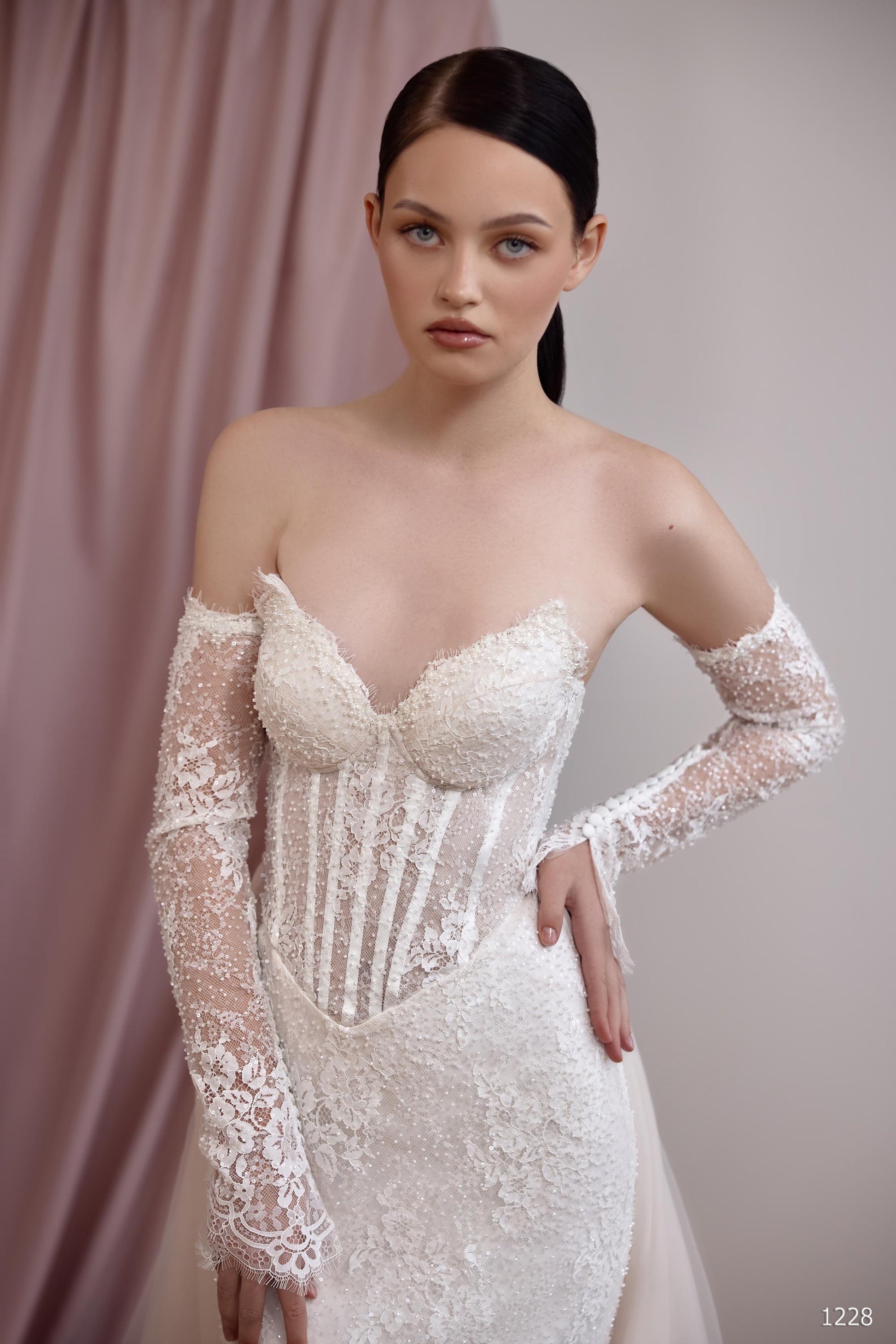 Sweetheart Neckline Mermaid Wedding Gown, Lace Corset Wedding Dress with Sleeves, Detachable Skirt, Sexy Fairy Beach Wedding Dress Bridal