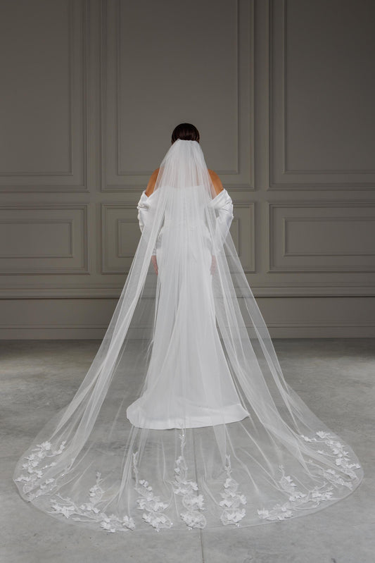 Luxurious Long Cathedral Lace Veil with Delicate Floral Embroidery and 3D Flowers, Customizable Wedding Veil for Brides
