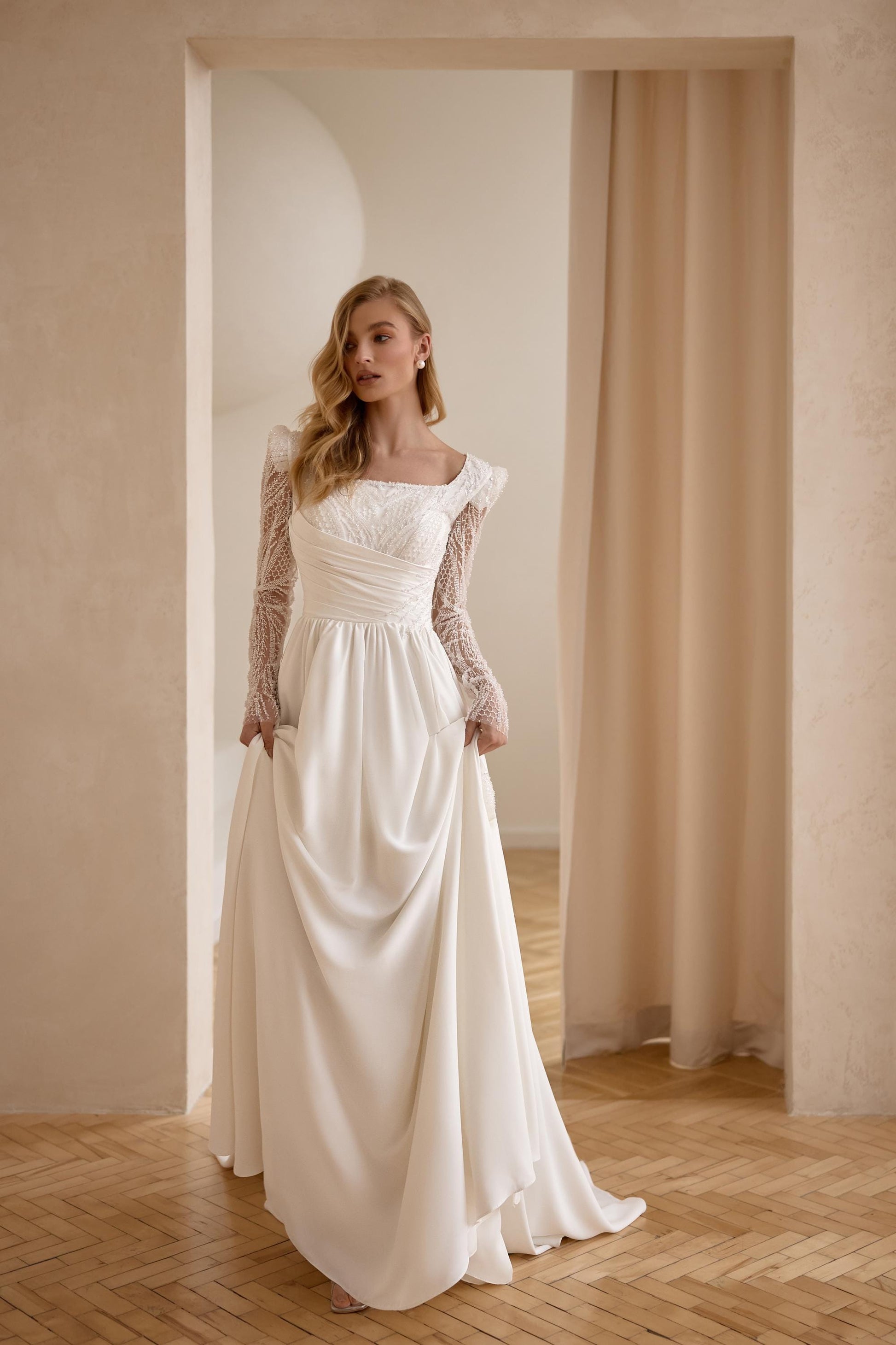 Chiffon Wedding Gown with Slit and Sleeves, Square Neckline A-Line Bridal Dress, Couture Long Train Lace Wedding Dress
