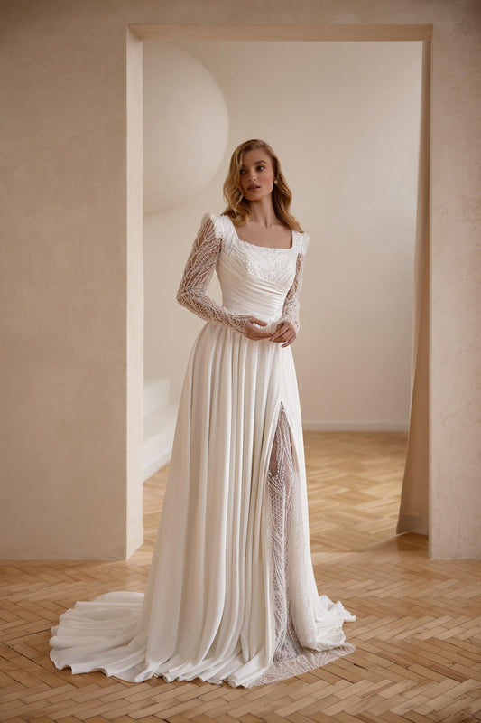Chiffon Wedding Gown with Slit and Sleeves, Square Neckline A-Line Bridal Dress, Couture Long Train Lace Wedding Dress