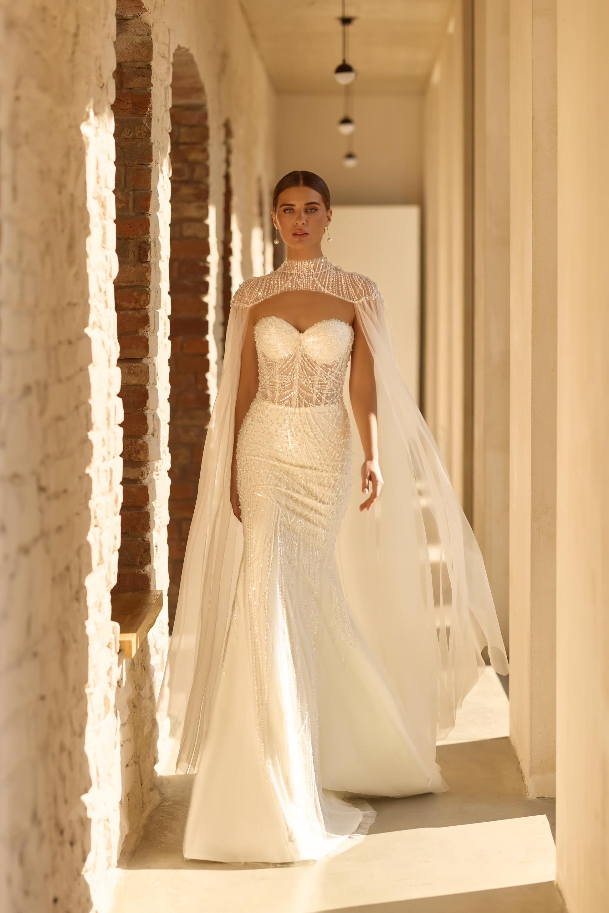 Beaded Bridal Gown with Cape, Sweetheart Neckline, Sleeveless Mermaid Lace Corset Dress, Romantic Train Wedding Dress