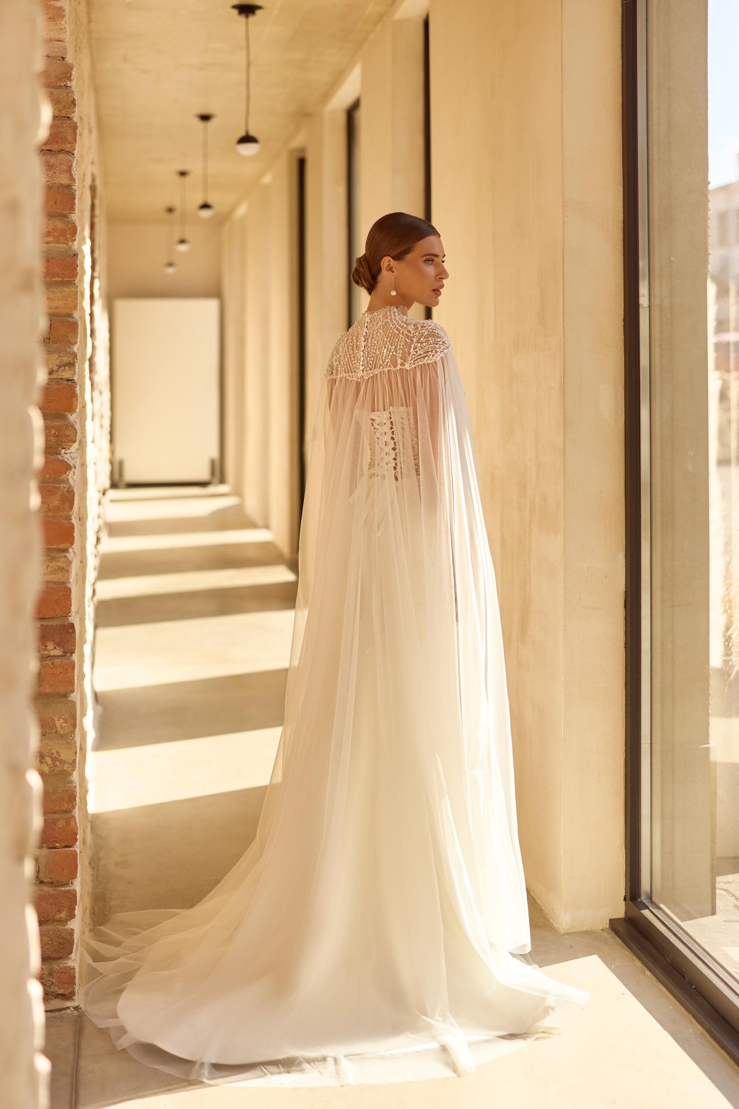 Beaded Bridal Gown with Cape, Sweetheart Neckline, Sleeveless Mermaid Lace Corset Dress, Romantic Train Wedding Dress