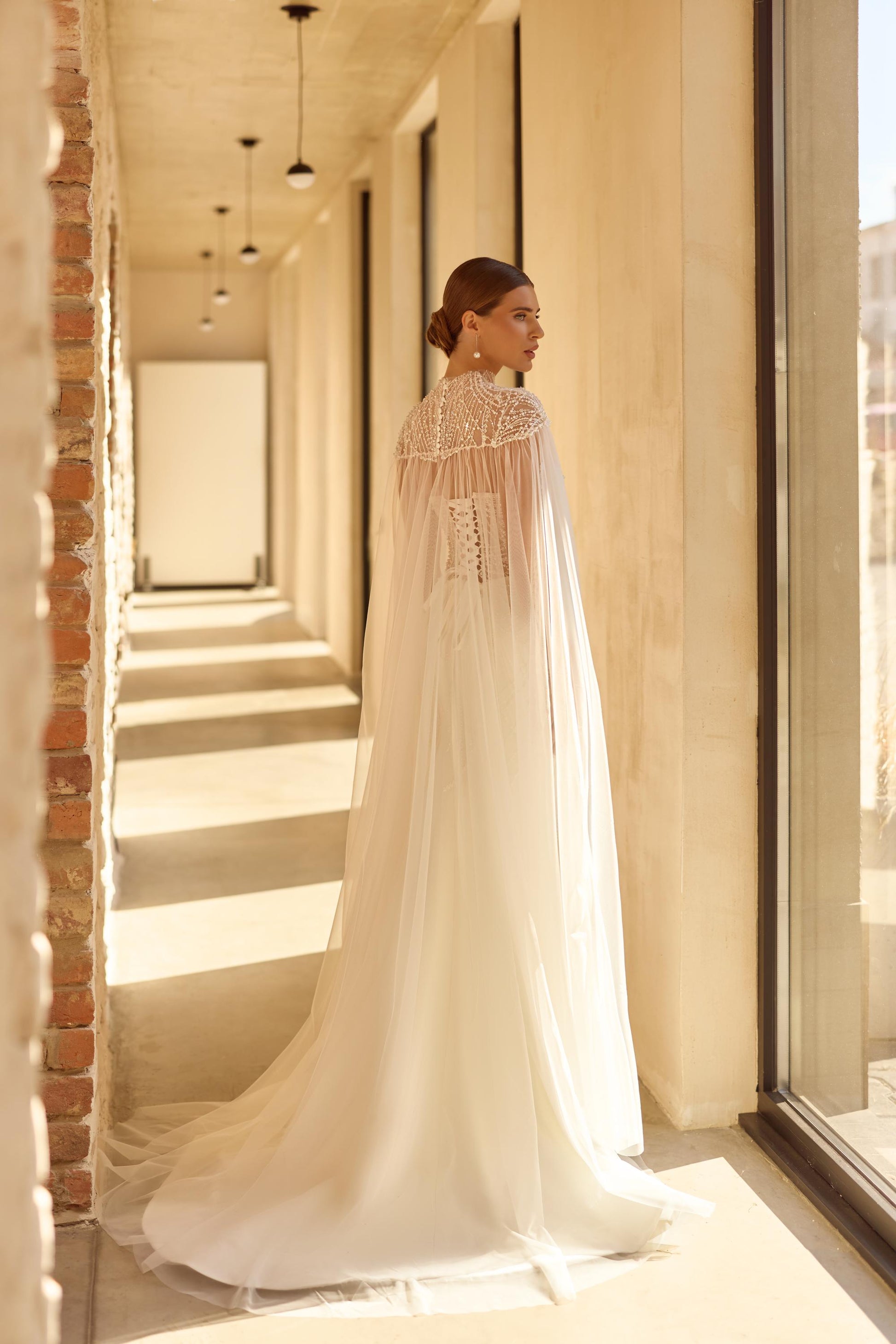 Beaded Bridal Gown with Cape, Sweetheart Neckline, Sleeveless Mermaid Lace Corset Dress, Romantic Train Wedding Dress