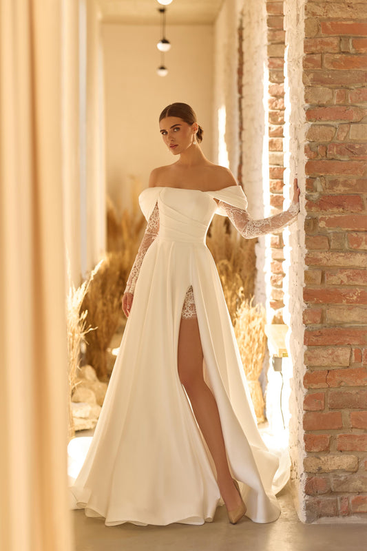 Off Shoulder Satin A-Line Bridal Gown with Lace Sleeves, Slit Skirt, Modest Sexy Ceremony Dress for Courthouse or Elopement Wedding