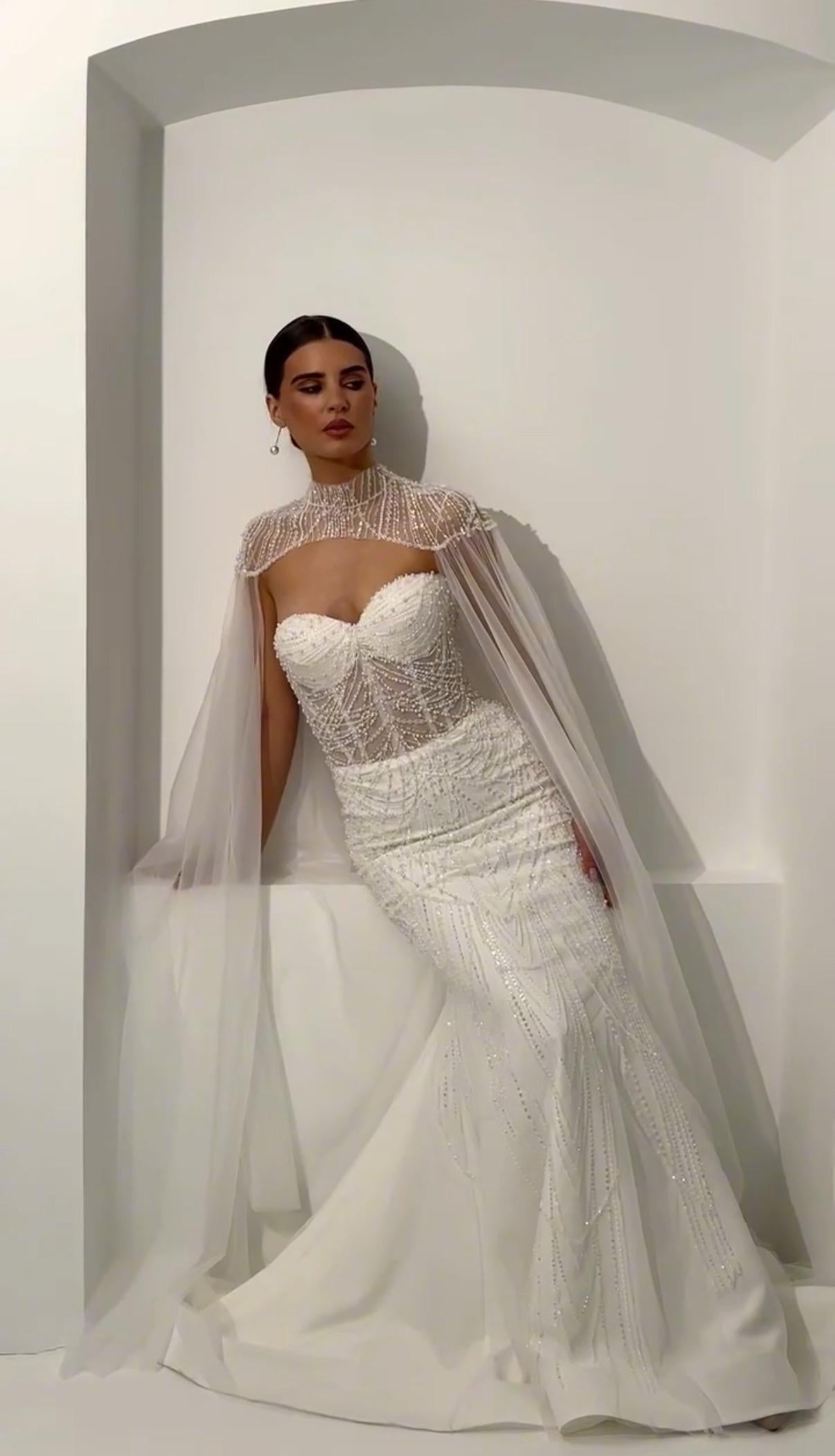 Beaded Bridal Gown with Cape, Sweetheart Neckline, Sleeveless Mermaid Lace Corset Dress, Romantic Train Wedding Dress