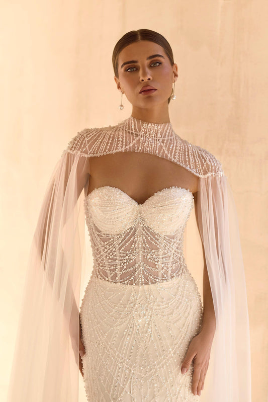Beaded Bridal Gown with Cape, Sweetheart Neckline, Sleeveless Mermaid Lace Corset Dress, Romantic Train Wedding Dress