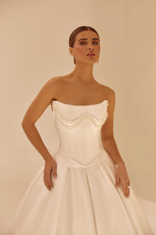 Simple Satin Wedding Dress with Corset Top, Bridal Gown with Train, A-Line Classic White Dress, Basque Waist Romantic Gown