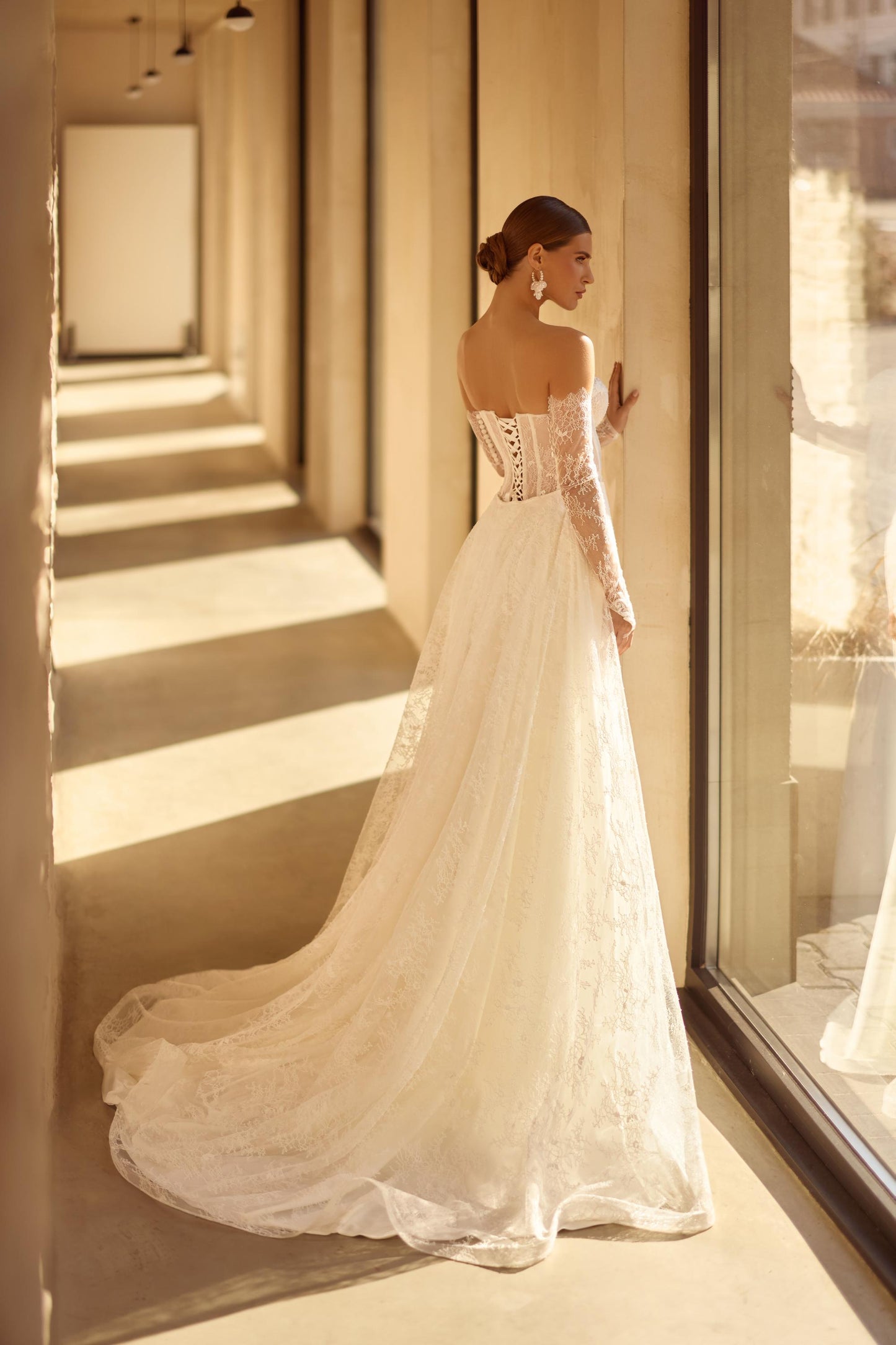 Off Shoulder Lace Corset Bridal Gown with Detachable Tulle Skirt, Mermaid Wedding Dress with Train and Long Floral Lace Sleeves