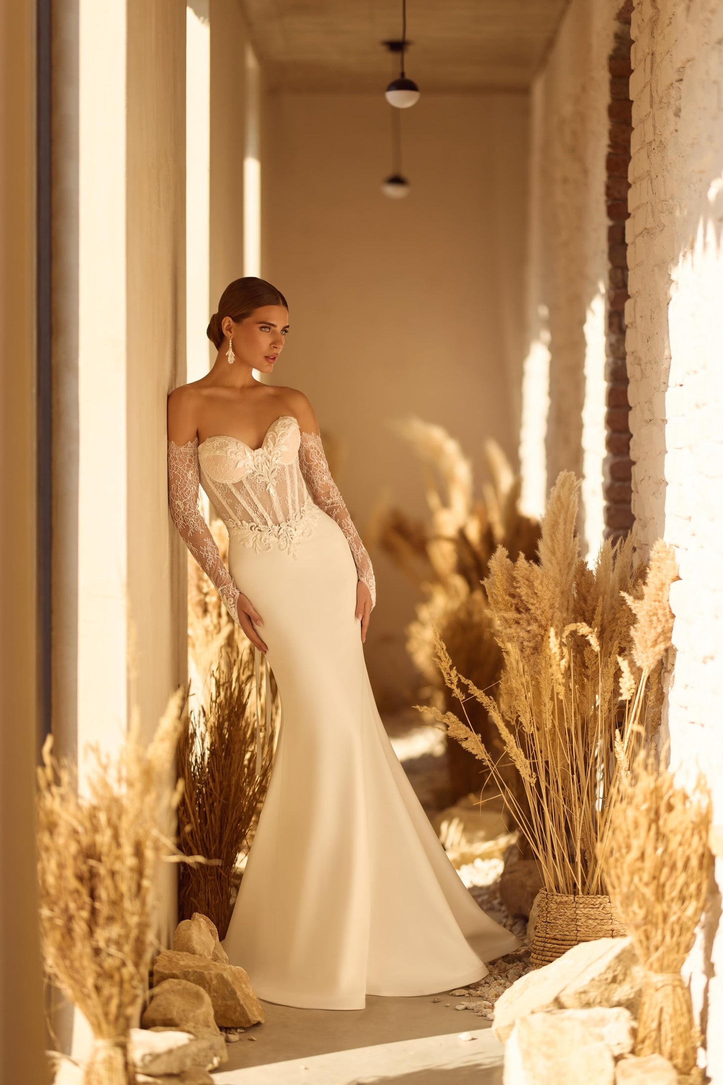 Off Shoulder Lace Corset Bridal Gown with Detachable Tulle Skirt, Mermaid Wedding Dress with Train and Long Floral Lace Sleeves