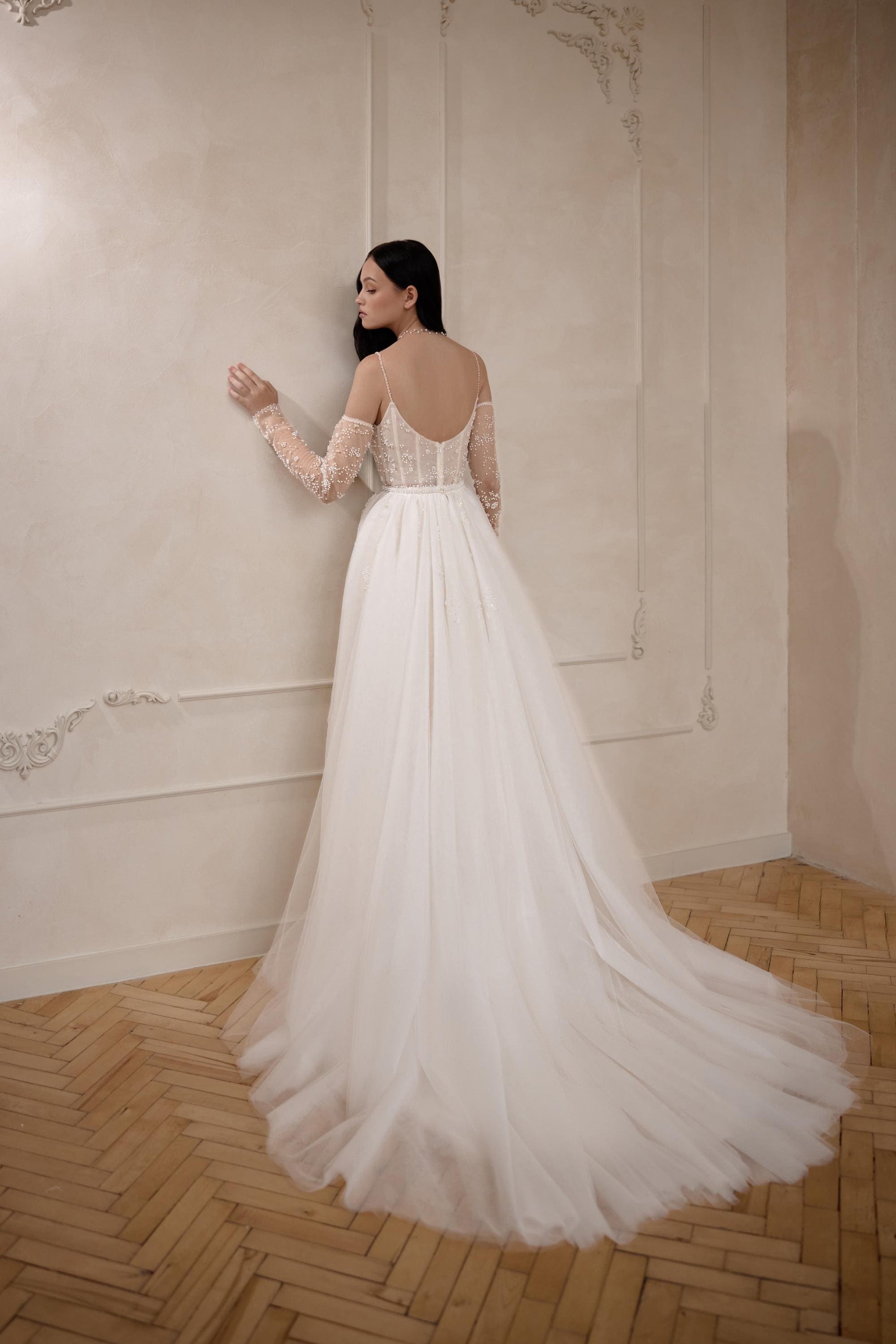 Elegant Wedding Gown Bridal Dress, Pearls Mermaid Gown, Tulle Train Wedding Dress, Modest Romantic Corset Bridal Dress