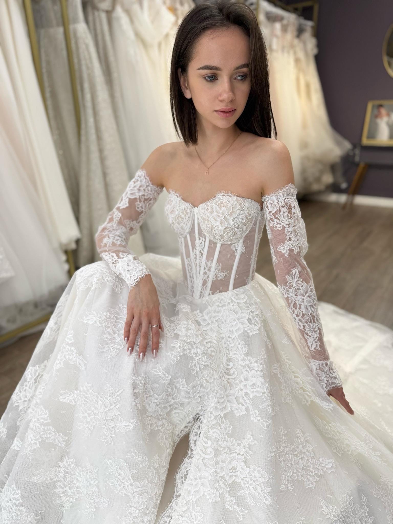 Elegant Off-Shoulder white Bridal Gown with Delicate Lace, Timeless column Wedding Dress with Corset Back and Long lace Sleeves a-line dress