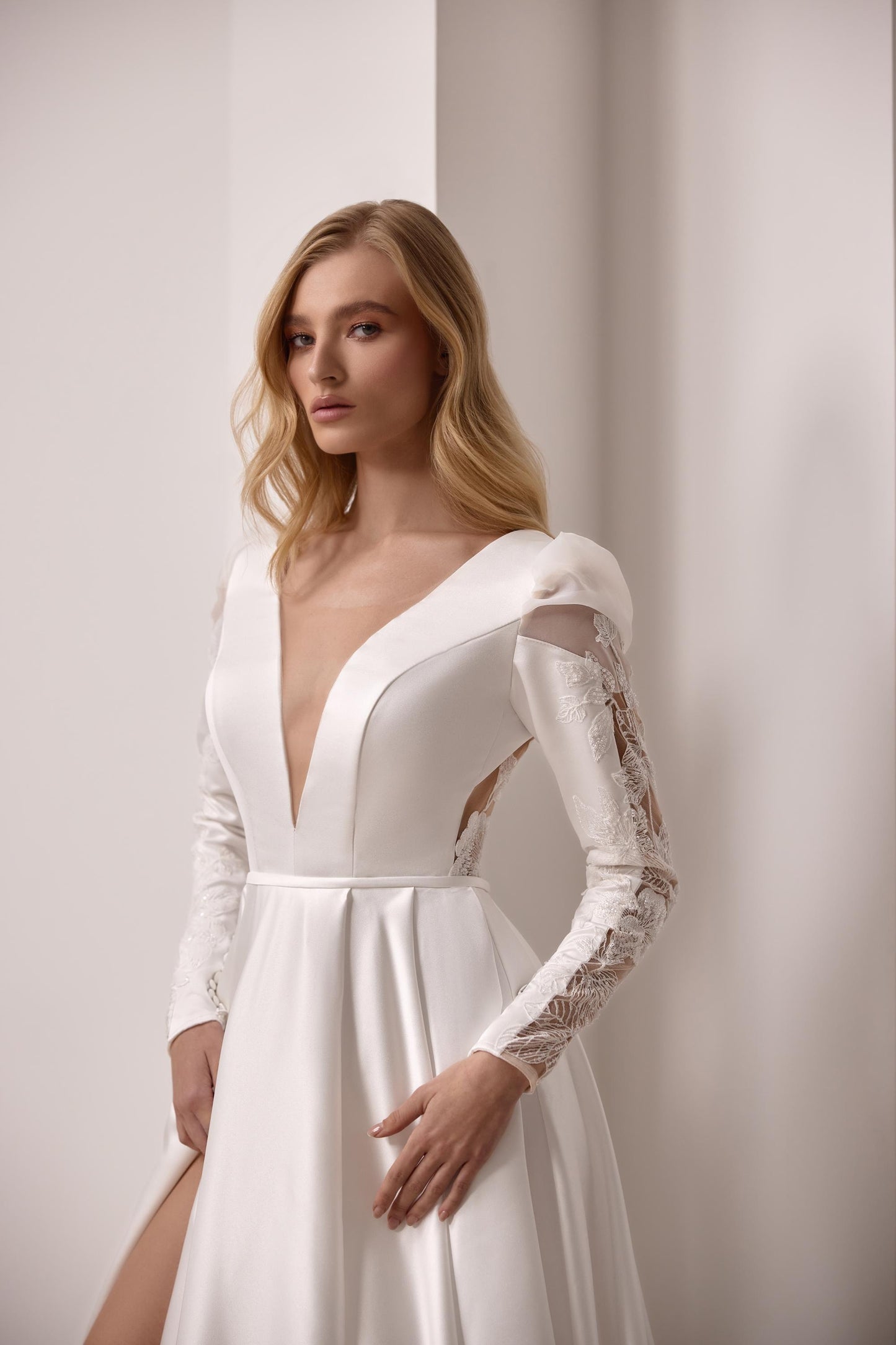 Simple Wedding Dress Satin Bridal Gown with Lace Sleeves, Plunging Neckline, Classic A Line Romantic White Modern Bride Dress Lace Back