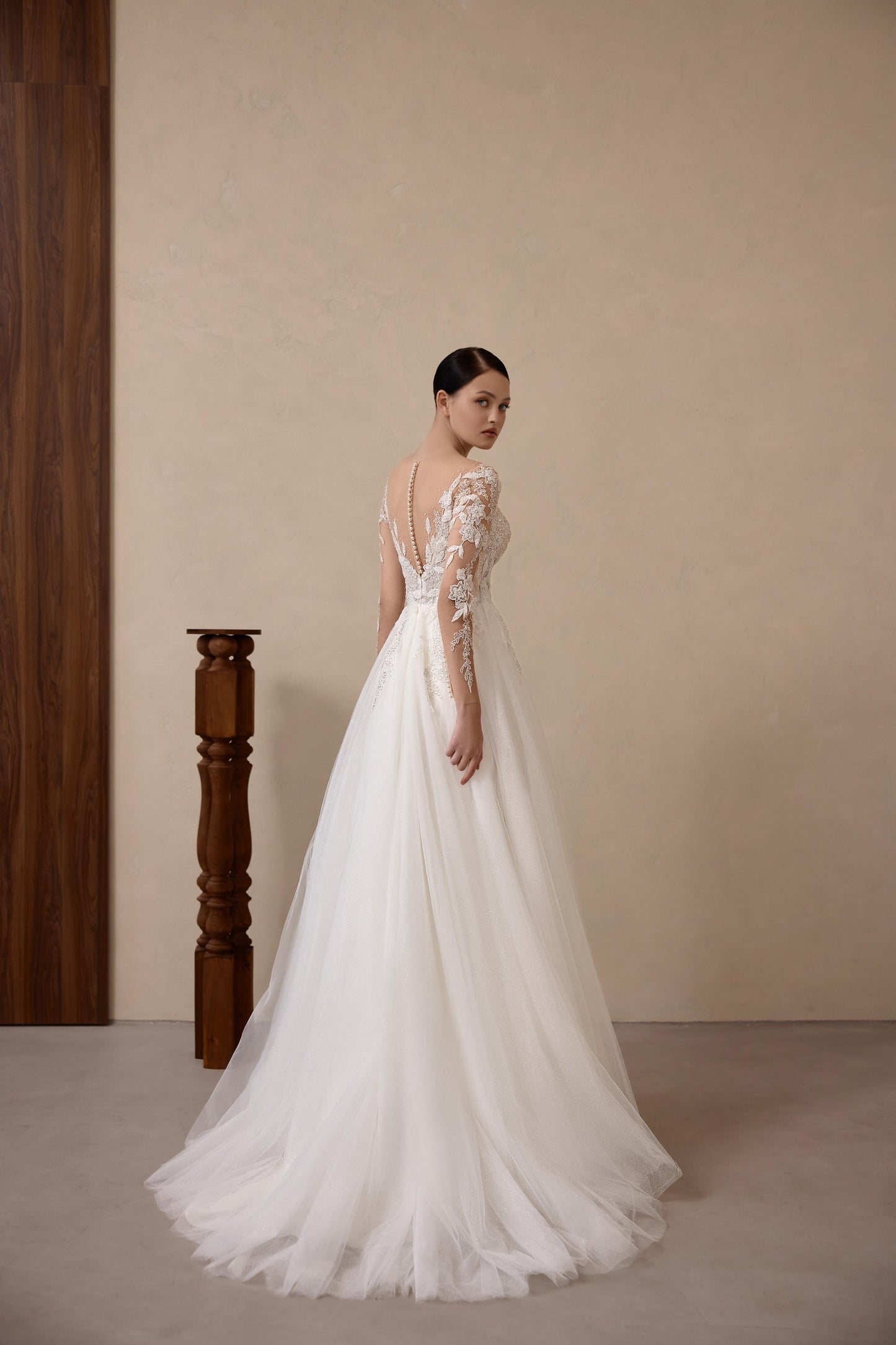 V-neck Wedding Gown A-line Bridal Wear with Lace Detailing, Long Sleeve Wedding Dress, Tulle Skirt Bridal Elegance Classic Wedding Gown