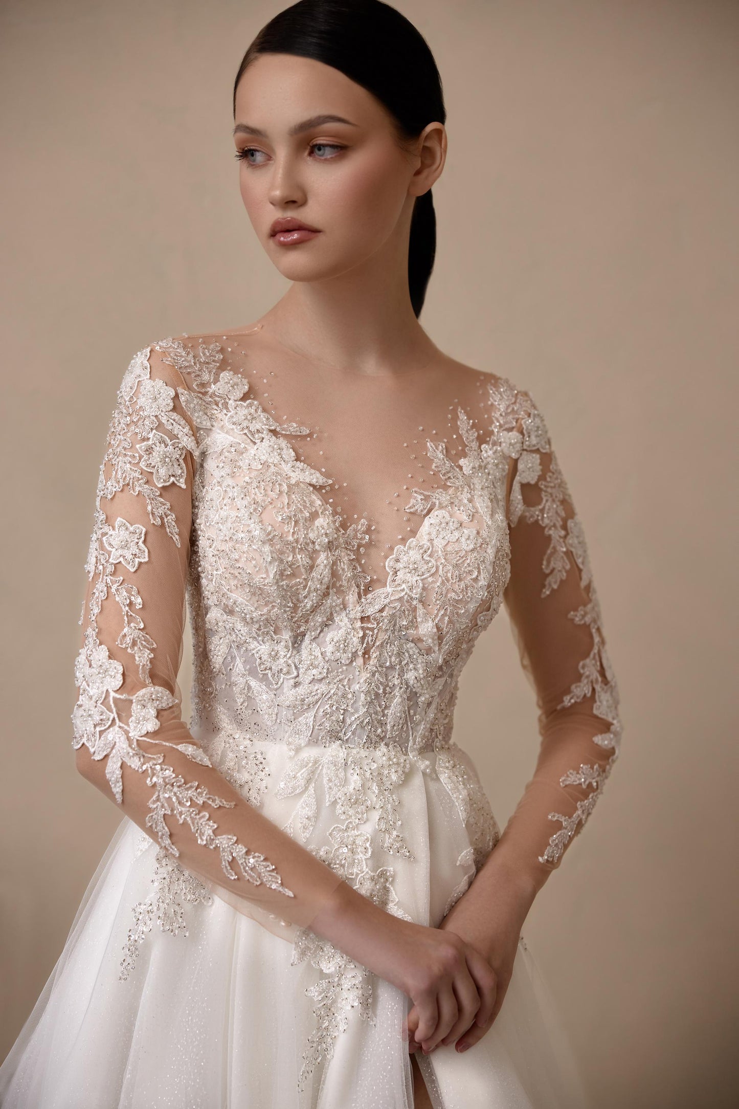 V-neck Wedding Gown A-line Bridal Wear with Lace Detailing, Long Sleeve Wedding Dress, Tulle Skirt Bridal Elegance Classic Wedding Gown