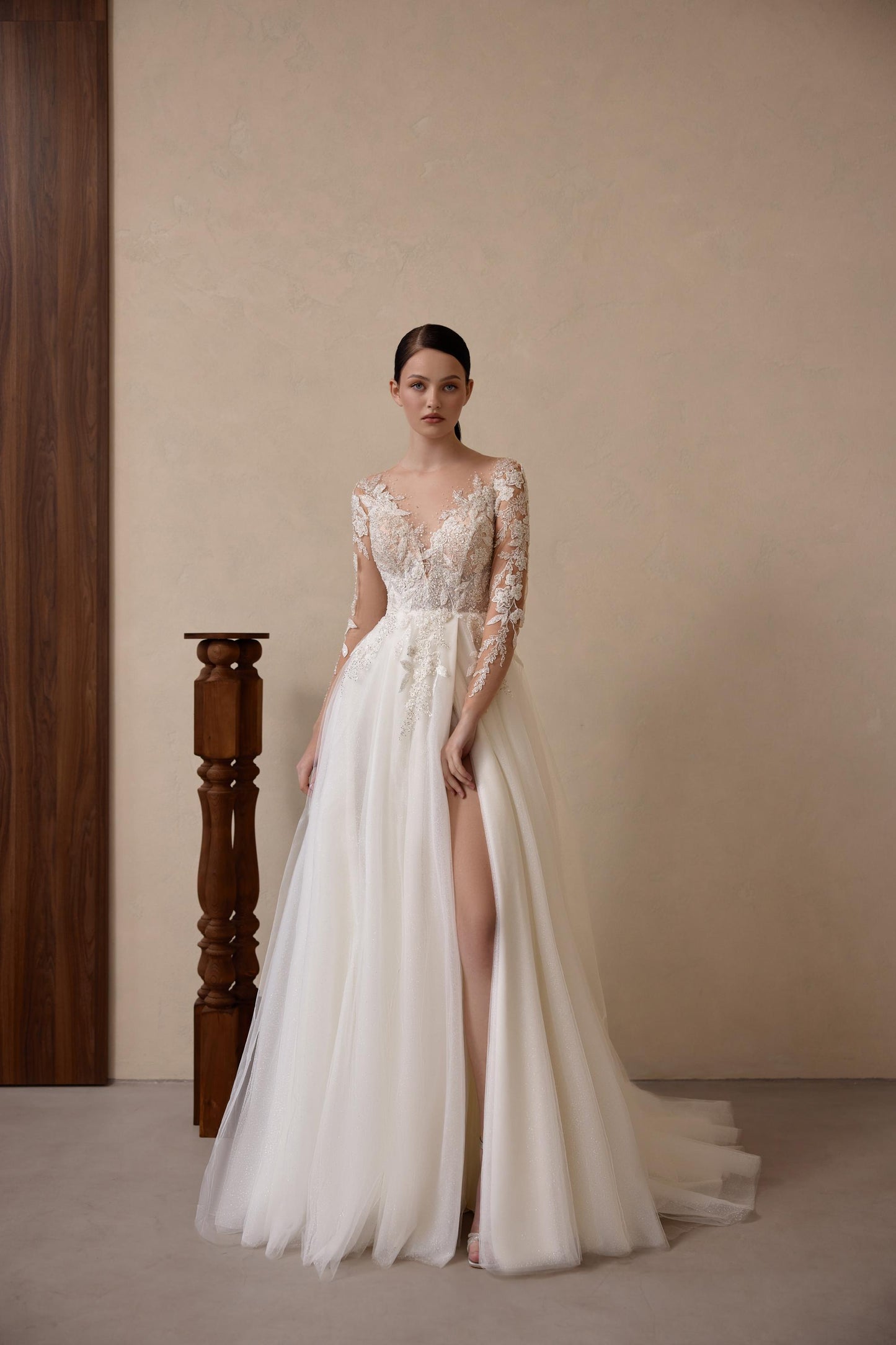 V-neck Wedding Gown A-line Bridal Wear with Lace Detailing, Long Sleeve Wedding Dress, Tulle Skirt Bridal Elegance Classic Wedding Gown