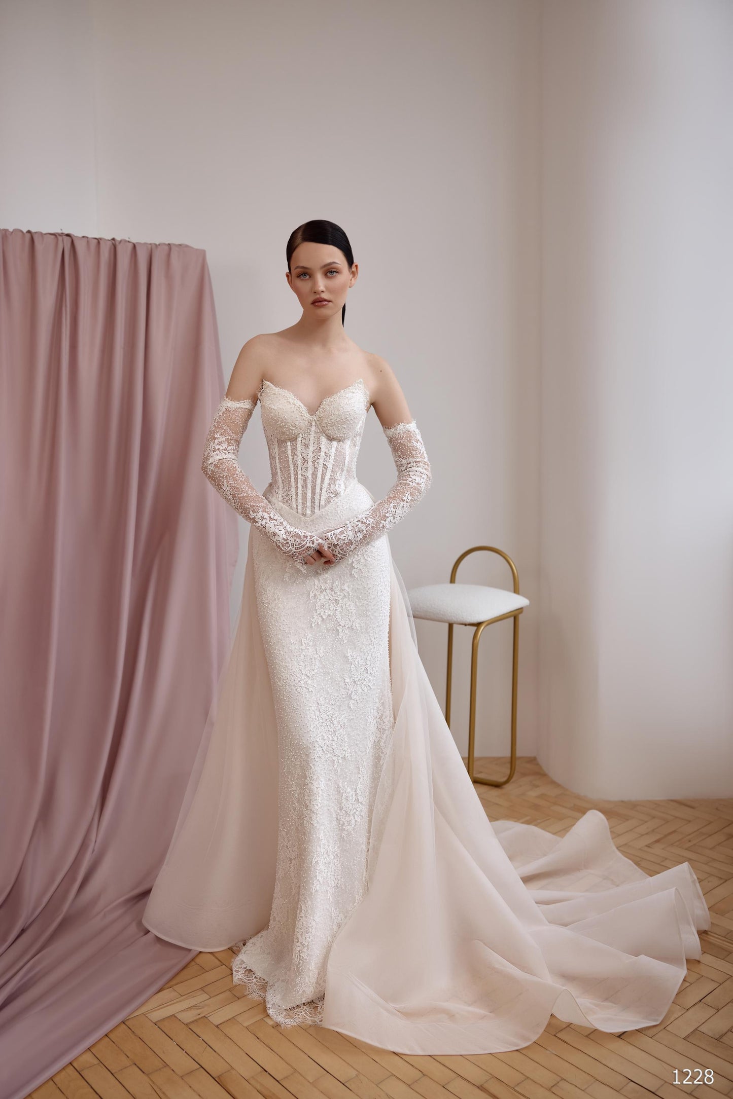 Sweetheart Neckline Mermaid Wedding Gown, Lace Corset Wedding Dress with Sleeves, Detachable Skirt, Sexy Fairy Beach Wedding Dress Bridal