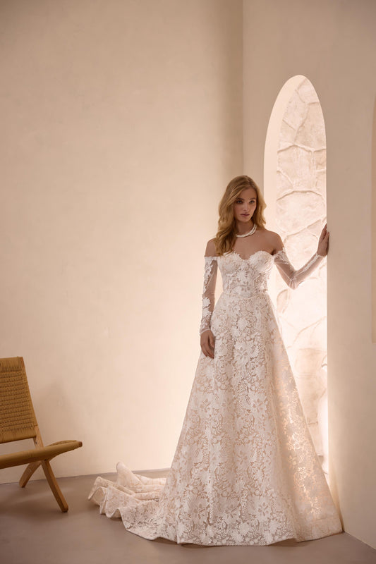 Off-Shoulder Floral Lace Wedding Dress with Long Sleeves and Elegant Sweetheart Neckline Perfect Boho Bridal Gown with a Luxurious Train