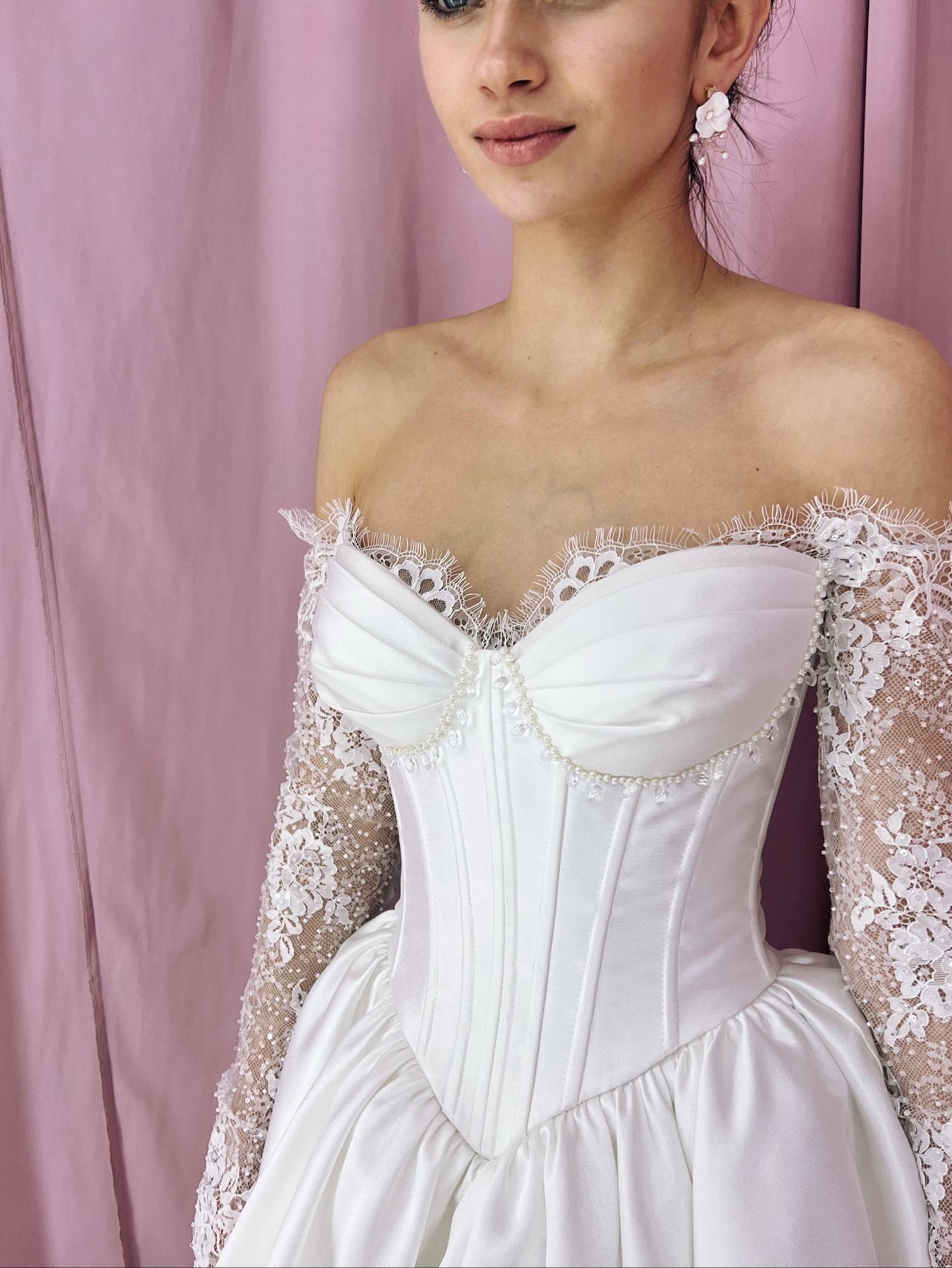 Princess Wedding Dress with Basque Corset, Mikado & Chantilly Lace, Glamorous Off-Shoulder Gown with Lace Sleeves, Luxurious Bridal Dress