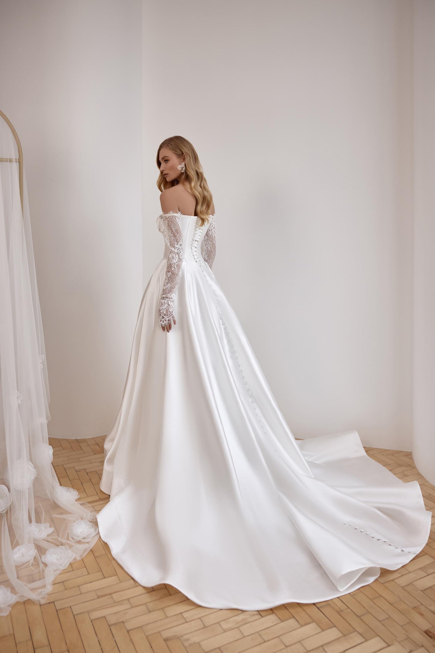 Off-Shoulder Wedding Dress, Elegant Bride Dress, Modern Bridal Gown, Long Train Satin Dress, Lace Sleeves Corset Gown, Courthouse Wedding