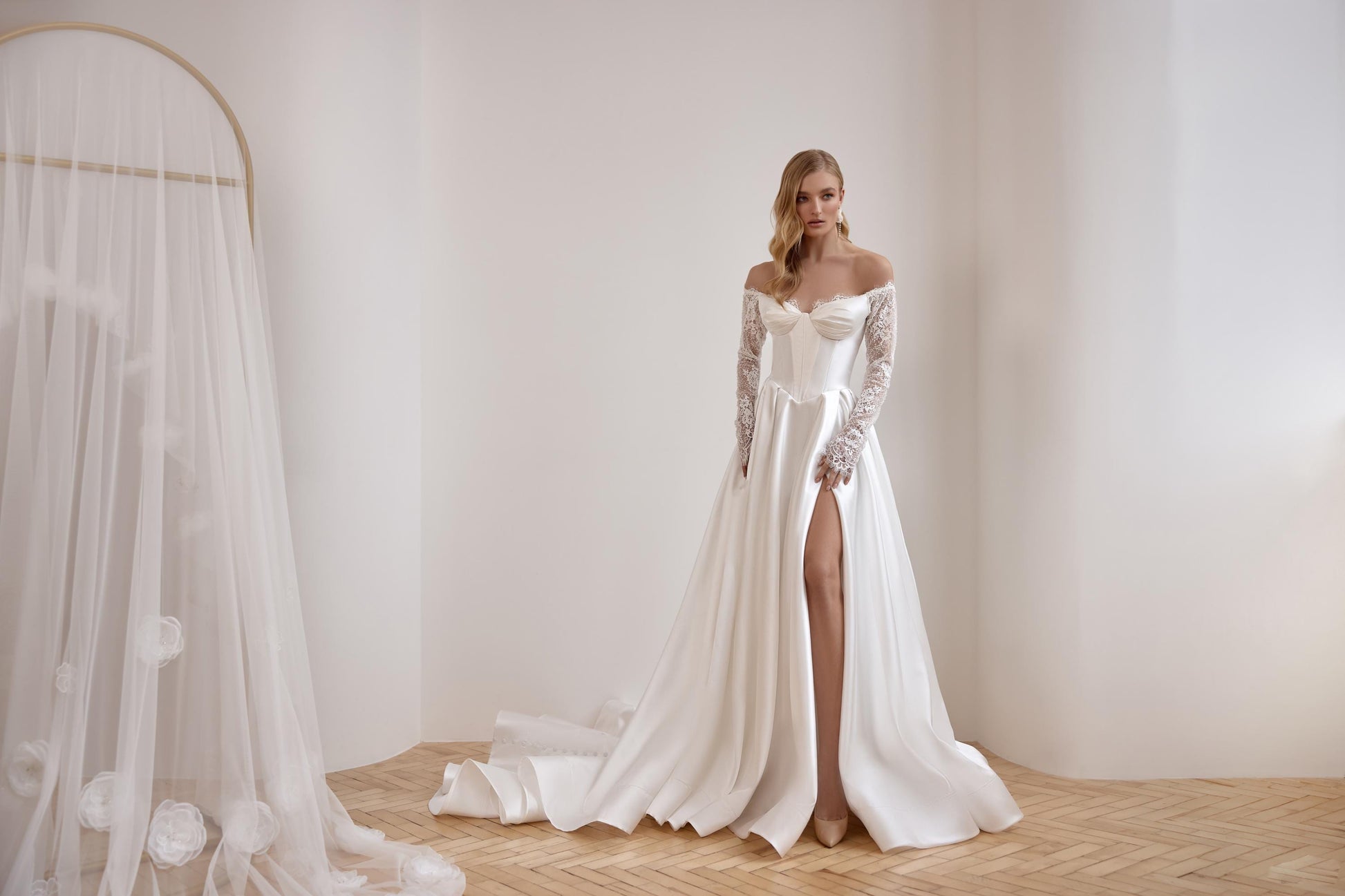 Off-Shoulder Wedding Dress, Elegant Bride Dress, Modern Bridal Gown, Long Train Satin Dress, Lace Sleeves Corset Gown, Courthouse Wedding