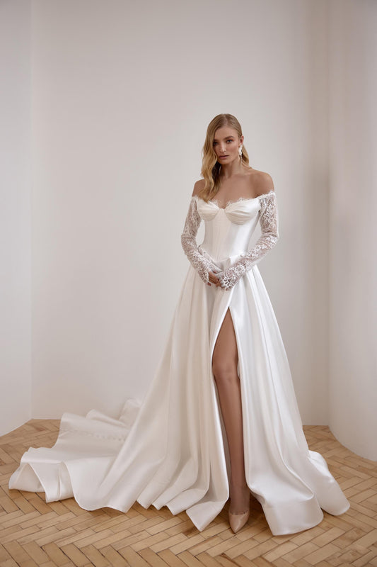 Off-Shoulder Wedding Dress, Elegant Bride Dress, Modern Bridal Gown, Long Train Satin Dress, Lace Sleeves Corset Gown, Courthouse Wedding