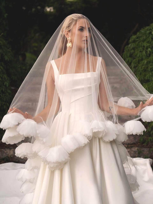 Romantic Wedding Veil with Handmade 3D Peony Flowers – Soft Tulle Bridal Veil with Organza Floral Trim – Couture Wedding Accessory