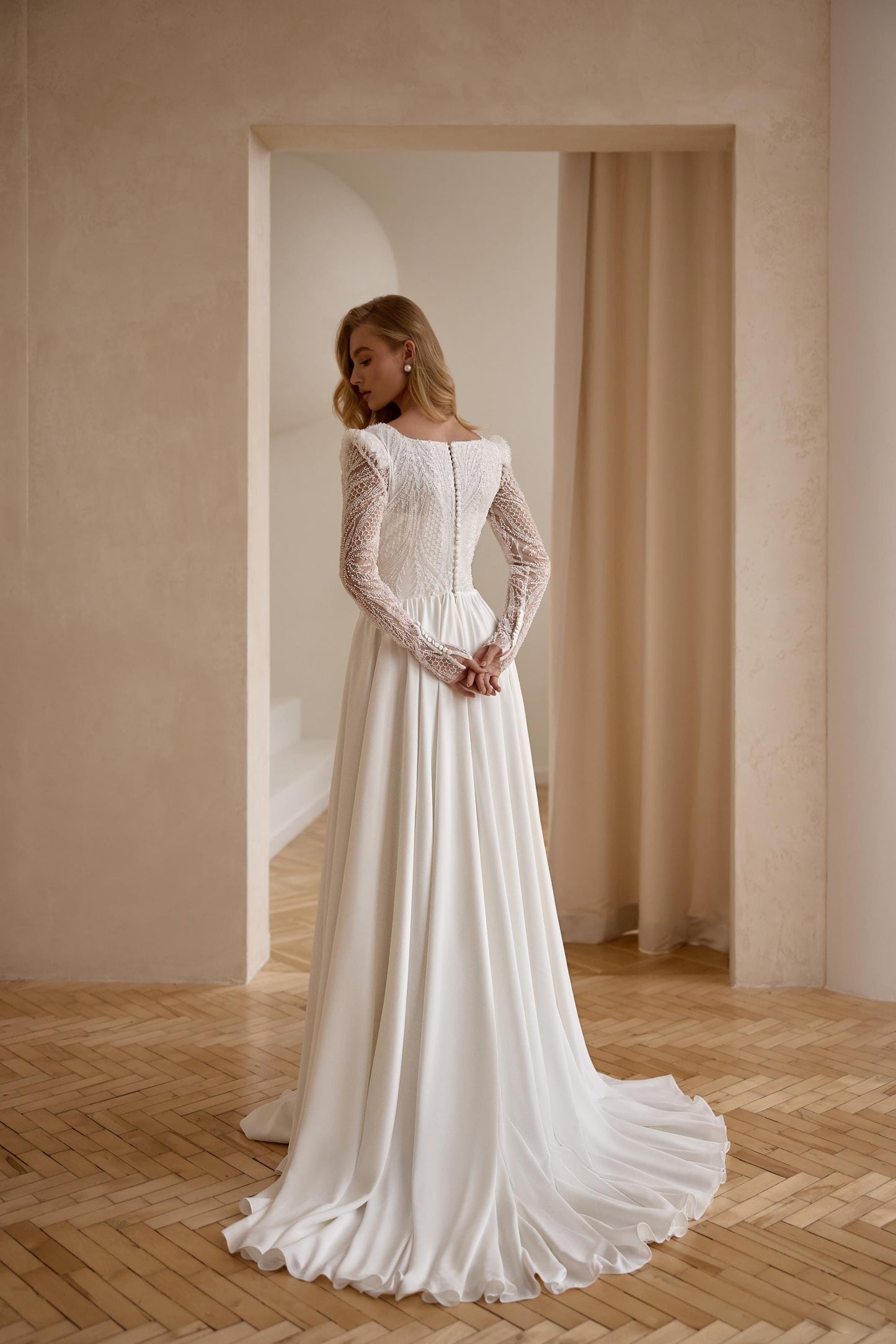 Chiffon Wedding Gown with Slit and Sleeves, Square Neckline A-Line Bridal Dress, Couture Long Train Lace Wedding Dress