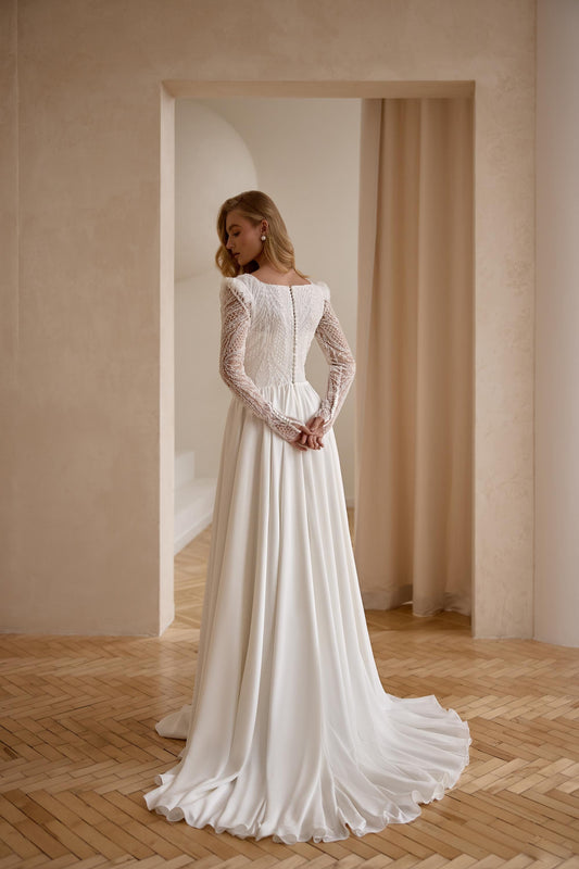 Chiffon Wedding Gown with Slit and Sleeves, Square Neckline A-Line Bridal Dress, Couture Long Train Lace Wedding Dress