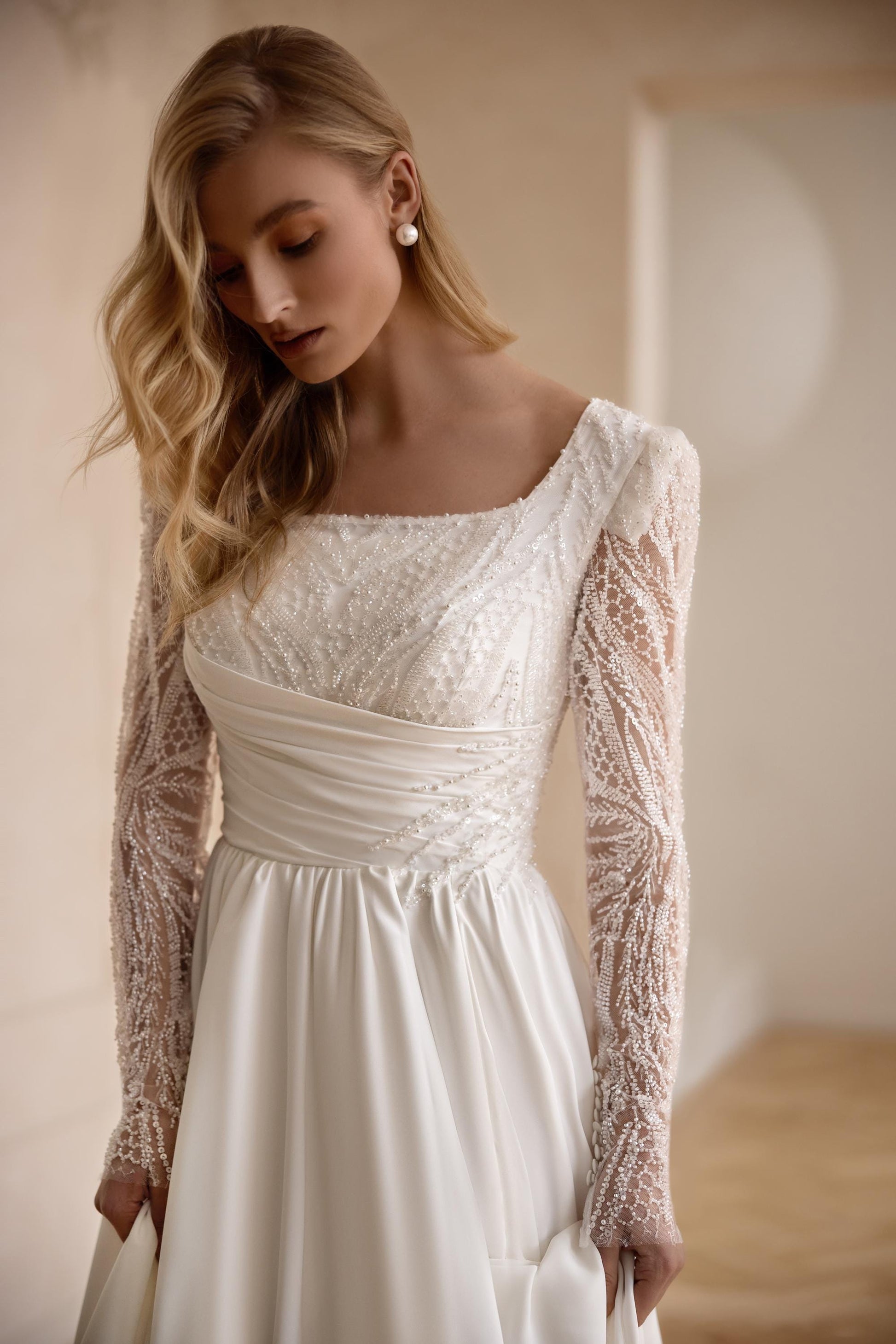Chiffon Wedding Gown with Slit and Sleeves, Square Neckline A-Line Bridal Dress, Couture Long Train Lace Wedding Dress